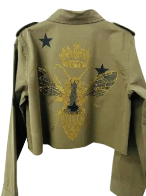 Shacket, Army Green Cropped, Gold Queen Bee