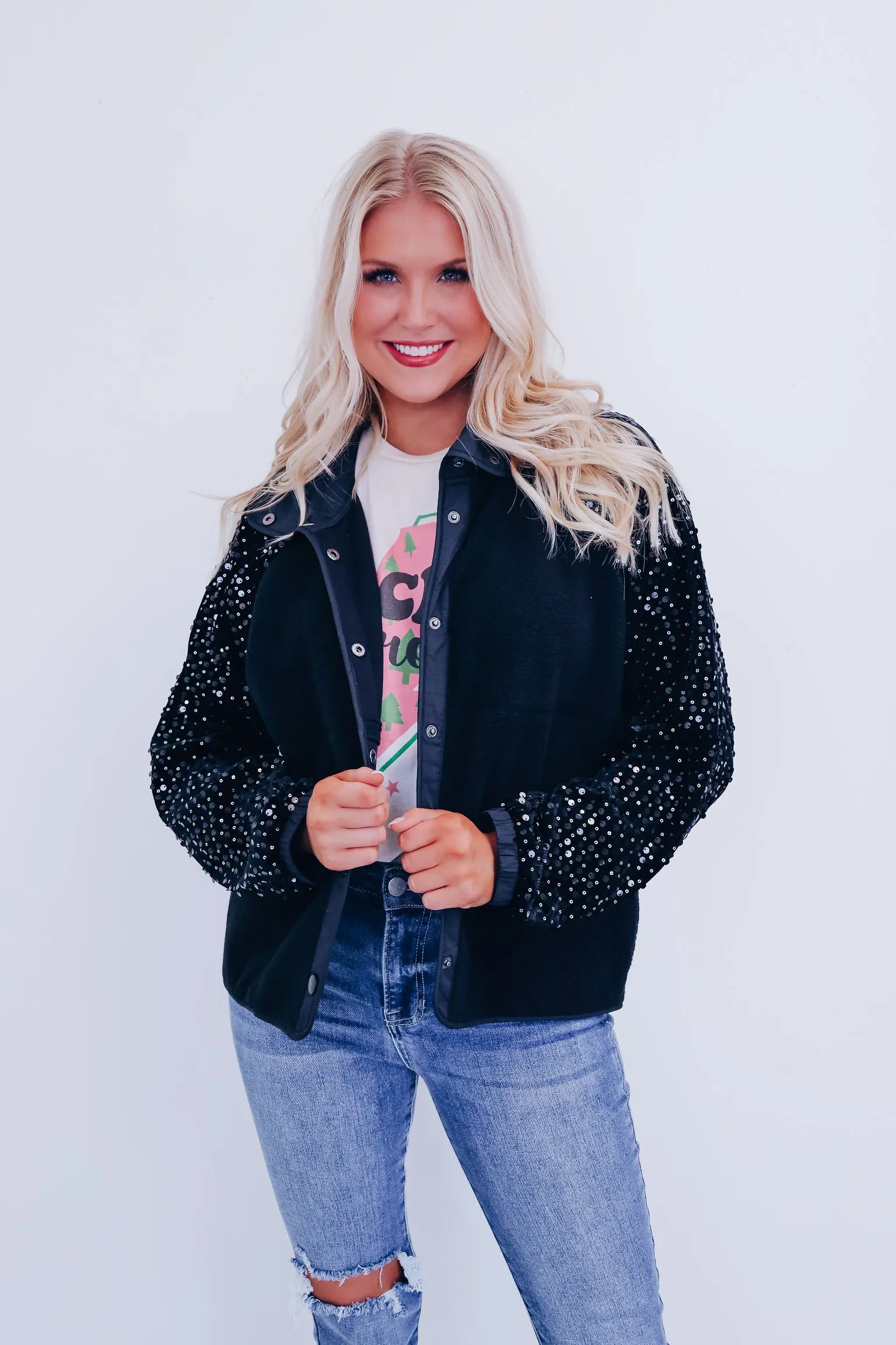 Shimmering Sequin Sleeve Jacket - Black