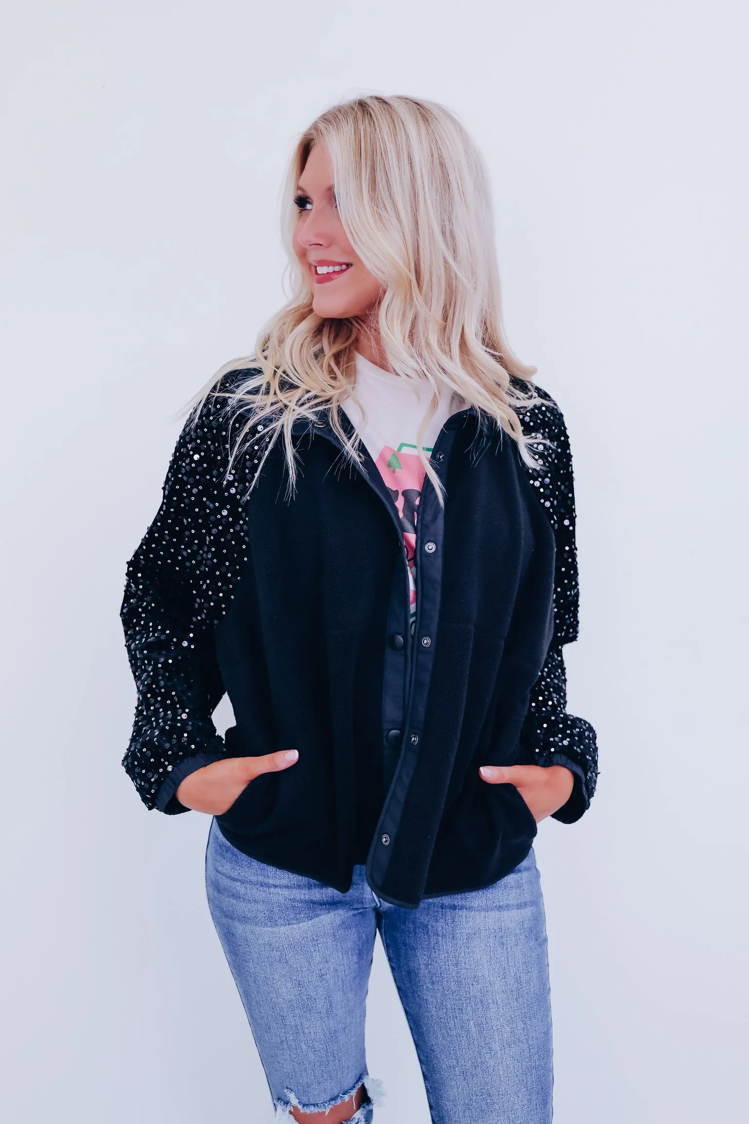 Shimmering Sequin Sleeve Jacket - Black