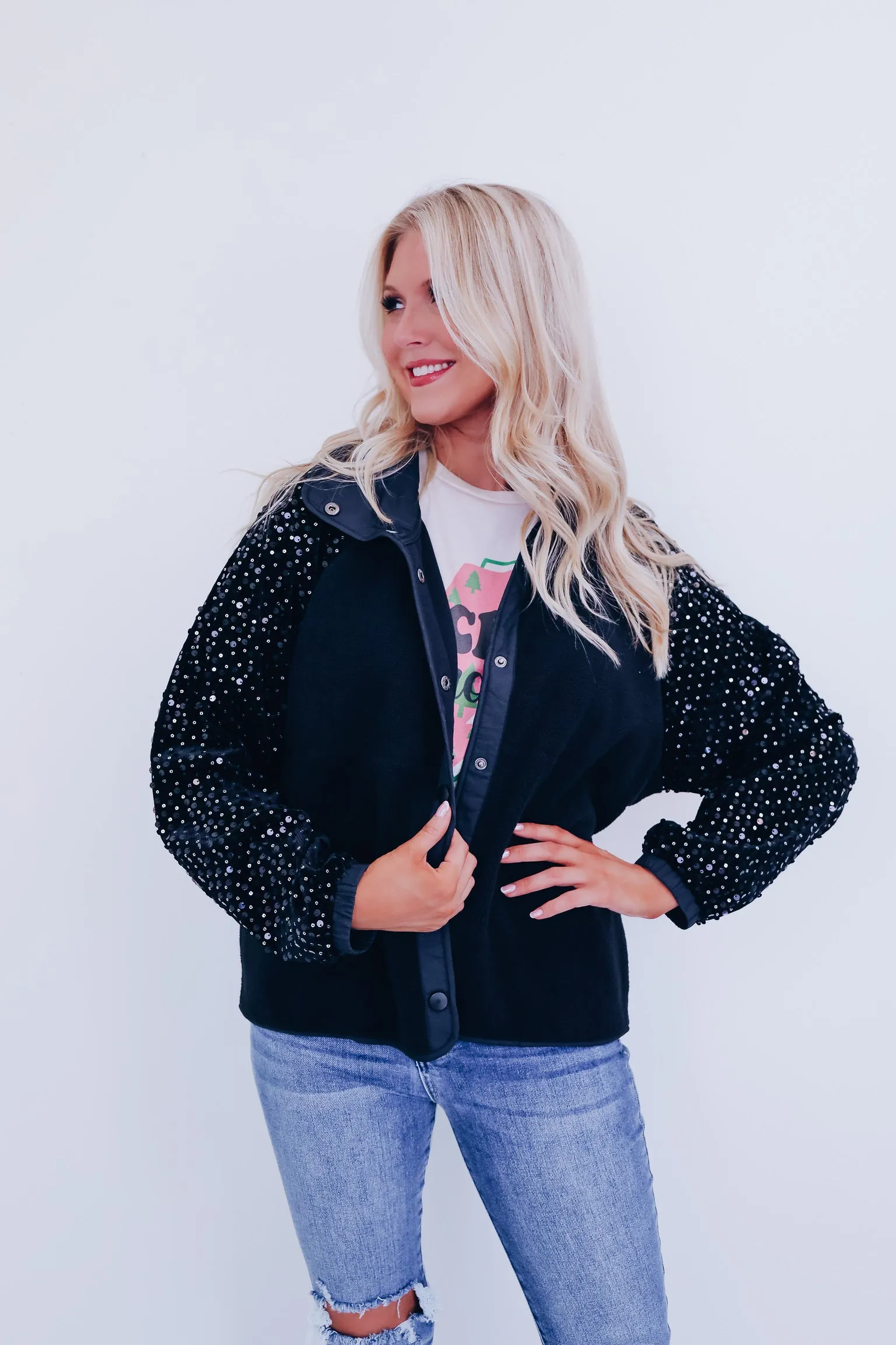 Shimmering Sequin Sleeve Jacket - Black