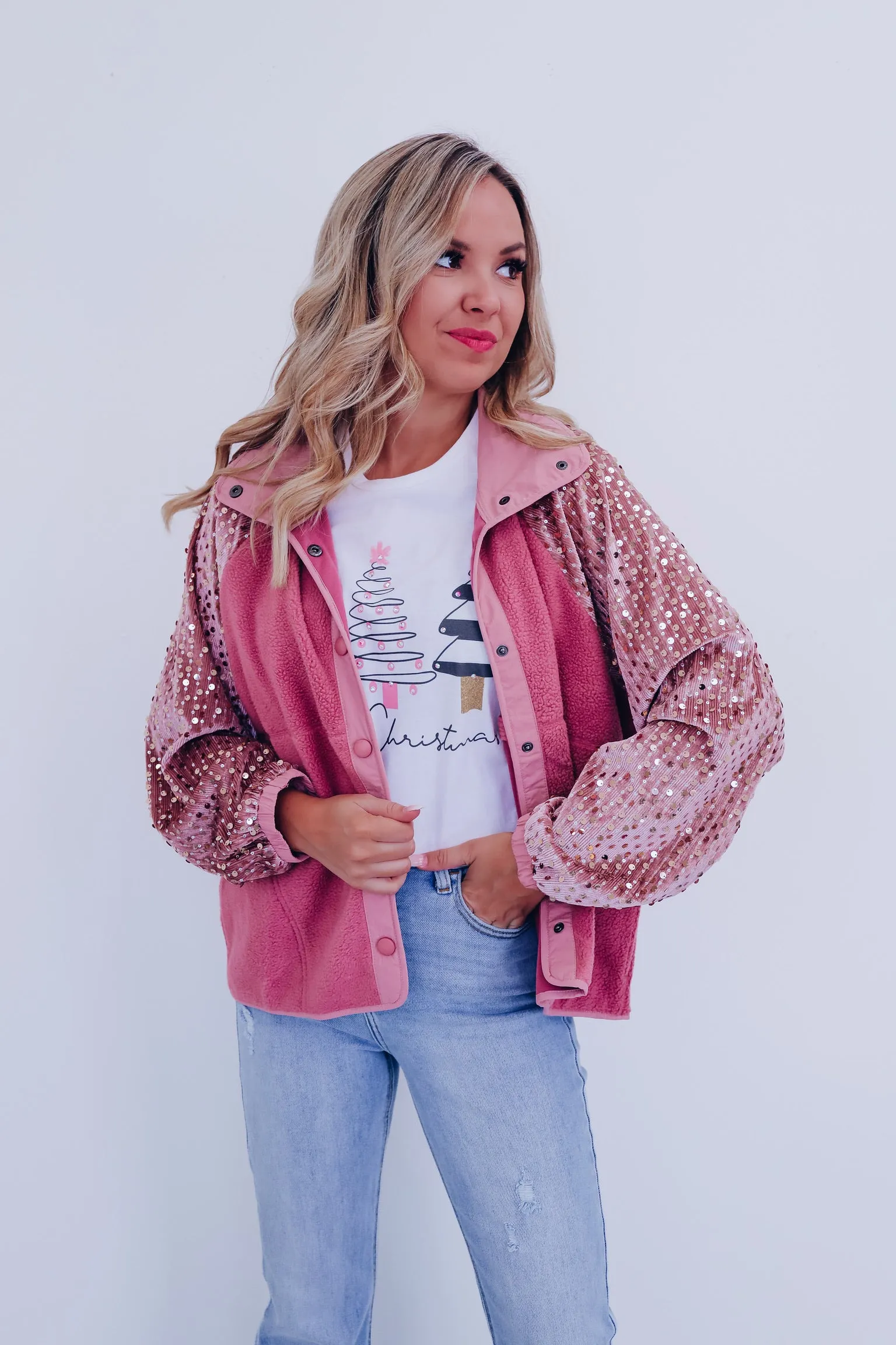 Shimmering Sequin Sleeve Jacket - Dusty Pink