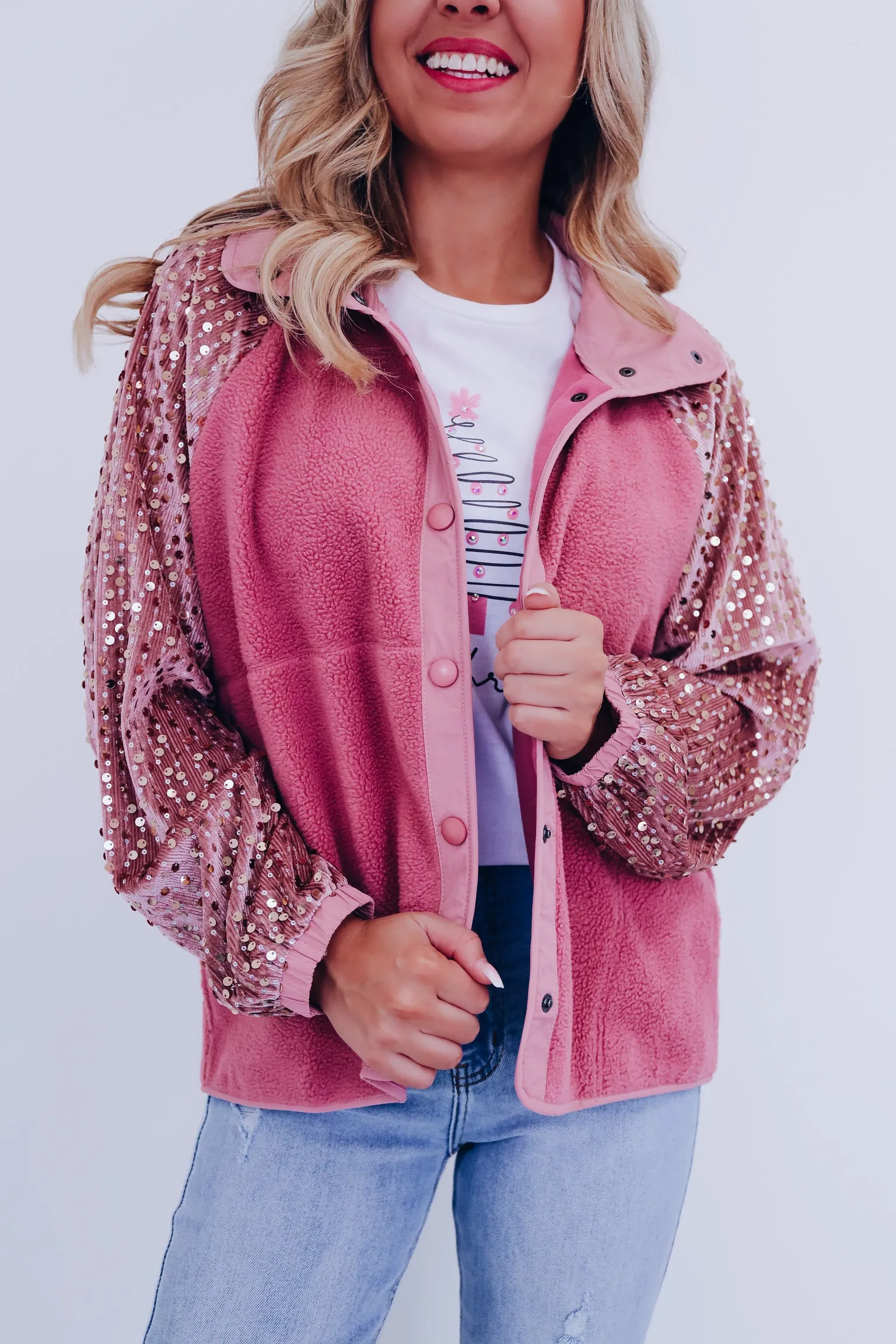 Shimmering Sequin Sleeve Jacket - Dusty Pink