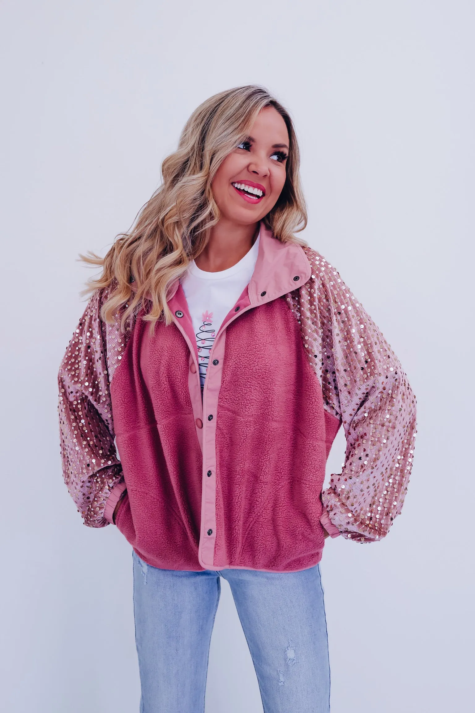 Shimmering Sequin Sleeve Jacket - Dusty Pink