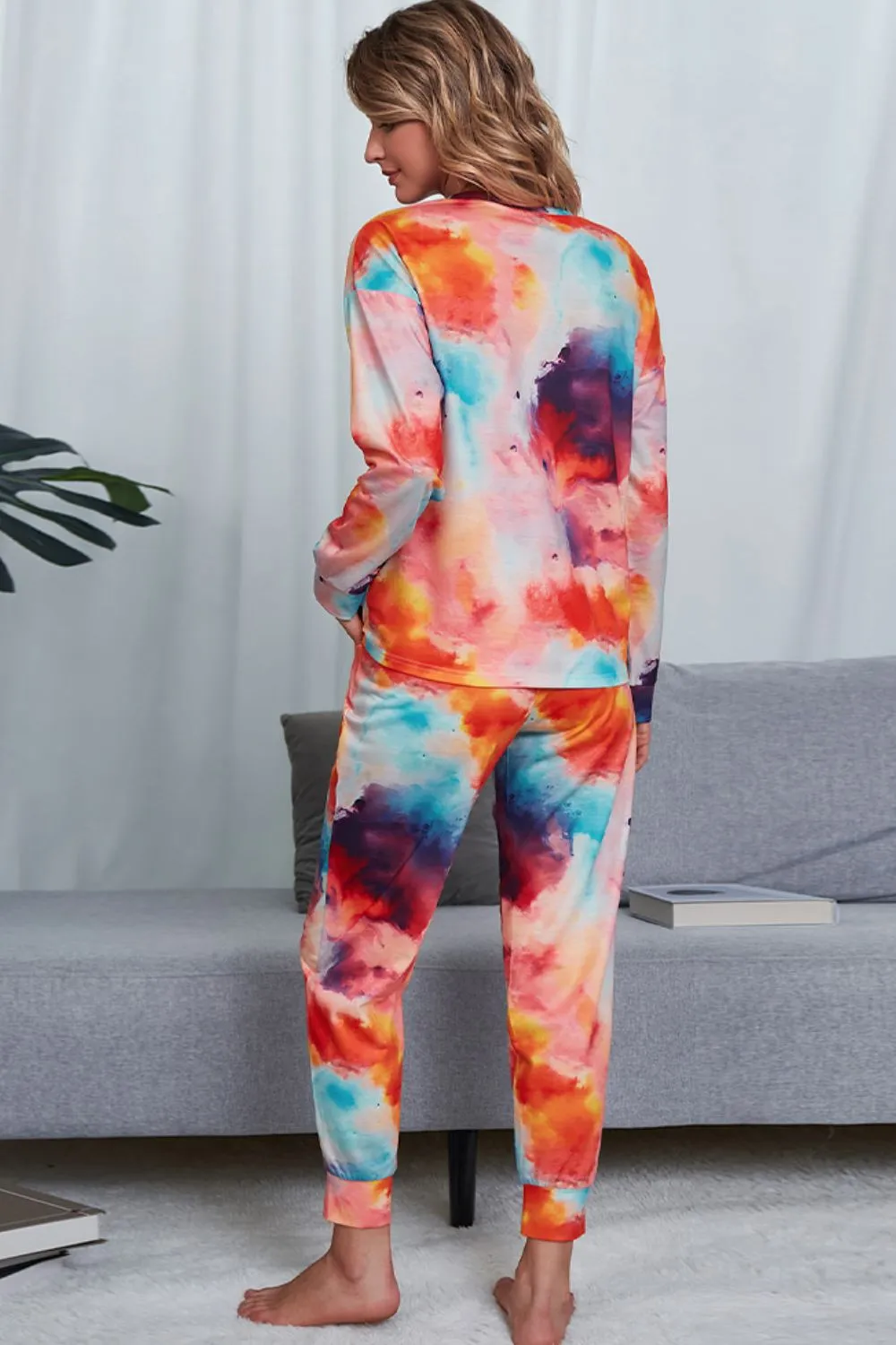 Shiny Tie-Dye Crewneck Top and Drawstring Waist Joggers Lounge Set