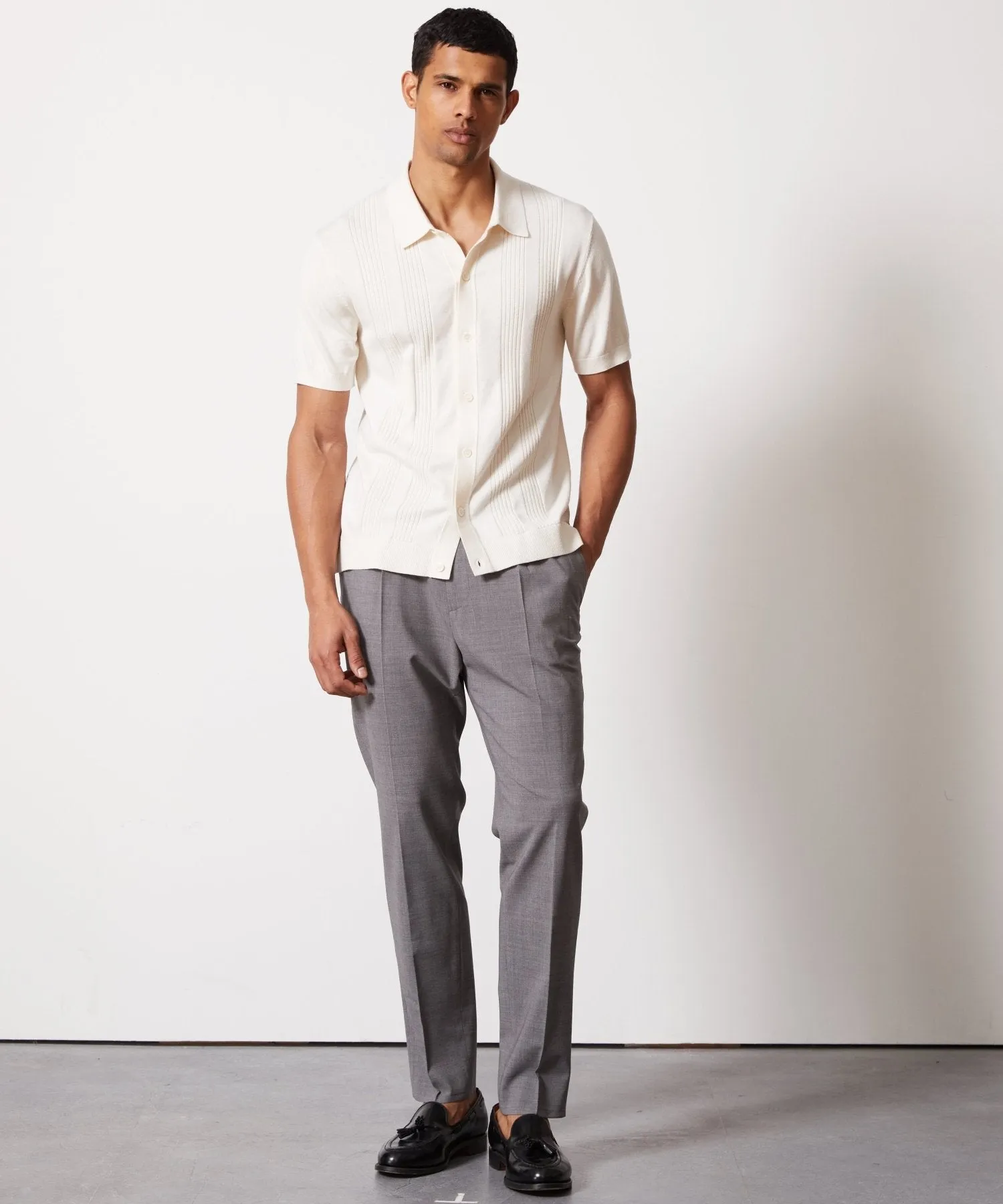 Silk Cotton Ribbed Full Placket Polo in Bisque