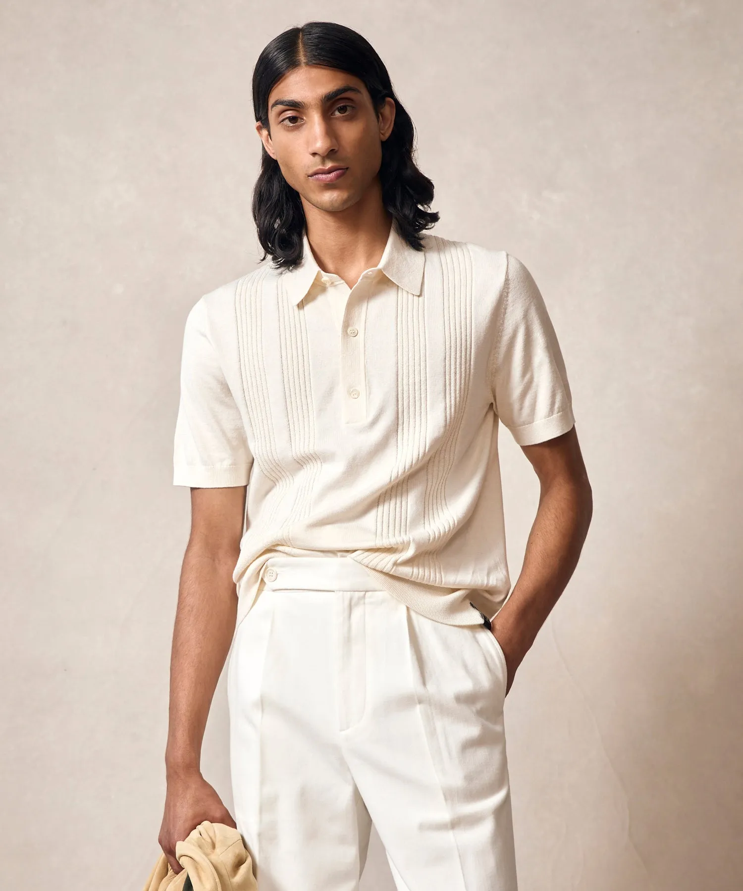 Silk Cotton Ribbed Polo in Bisque