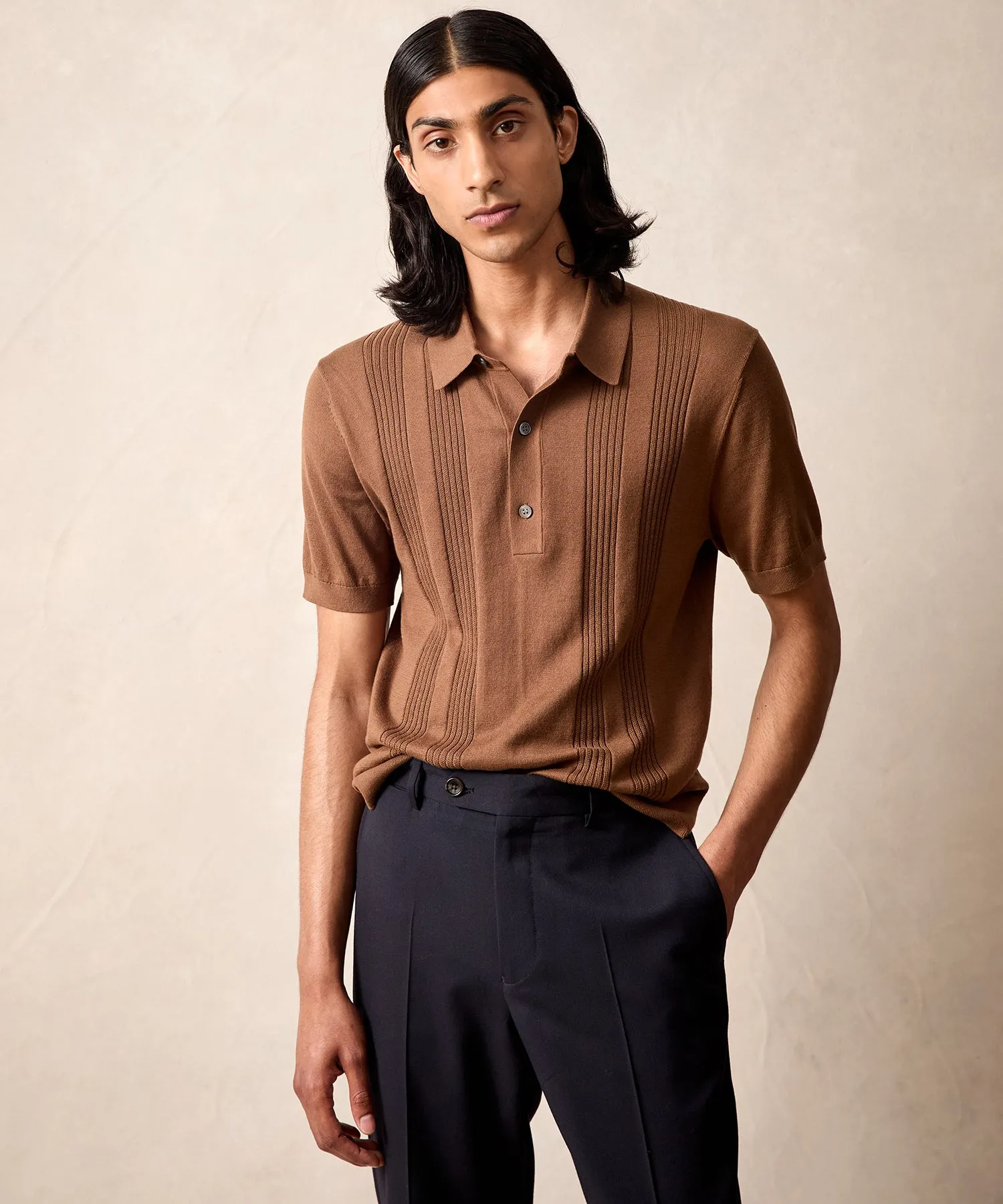 Silk Cotton Ribbed Polo in Espresso Bean