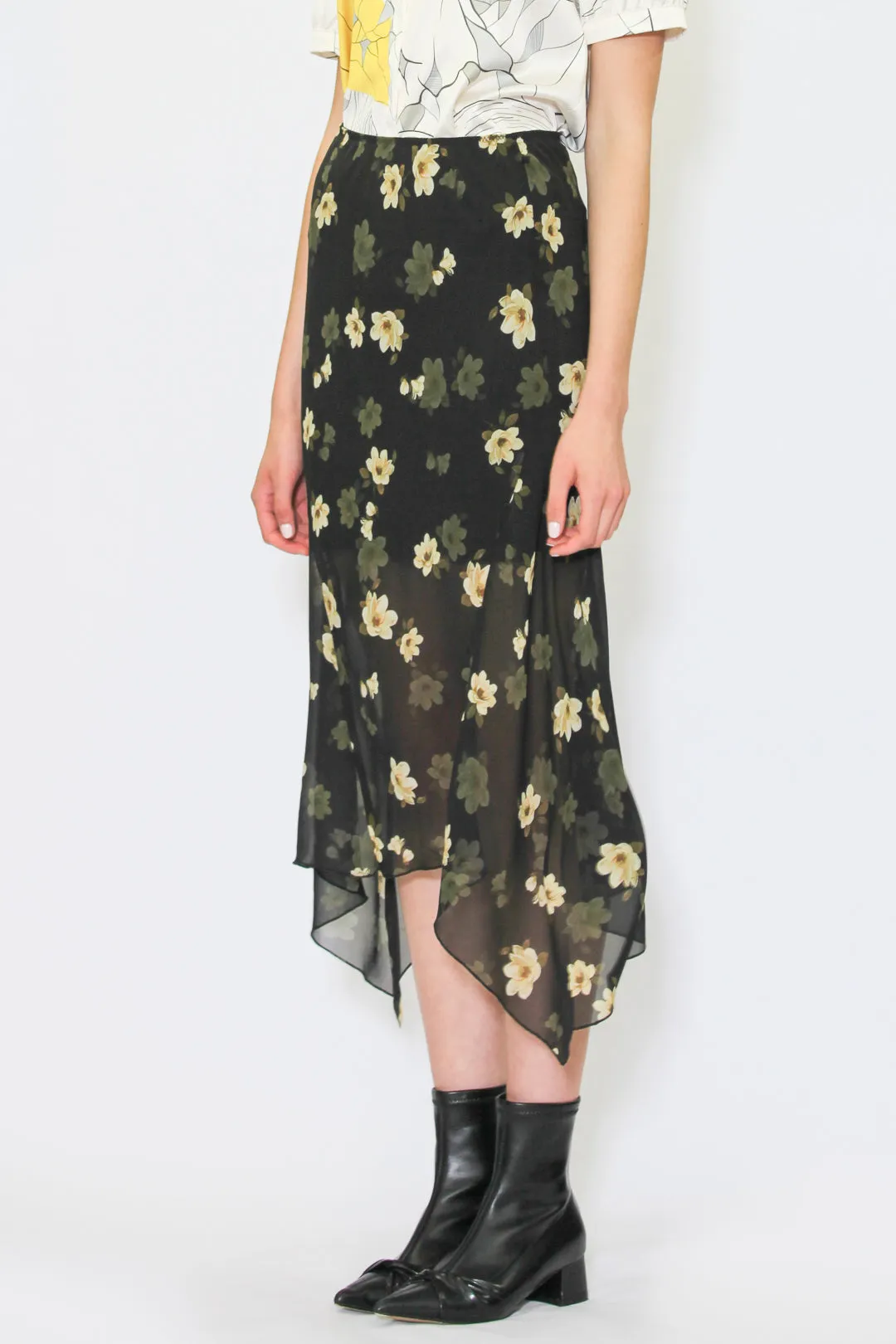 Silk Olive Green Cut Midi Skirt