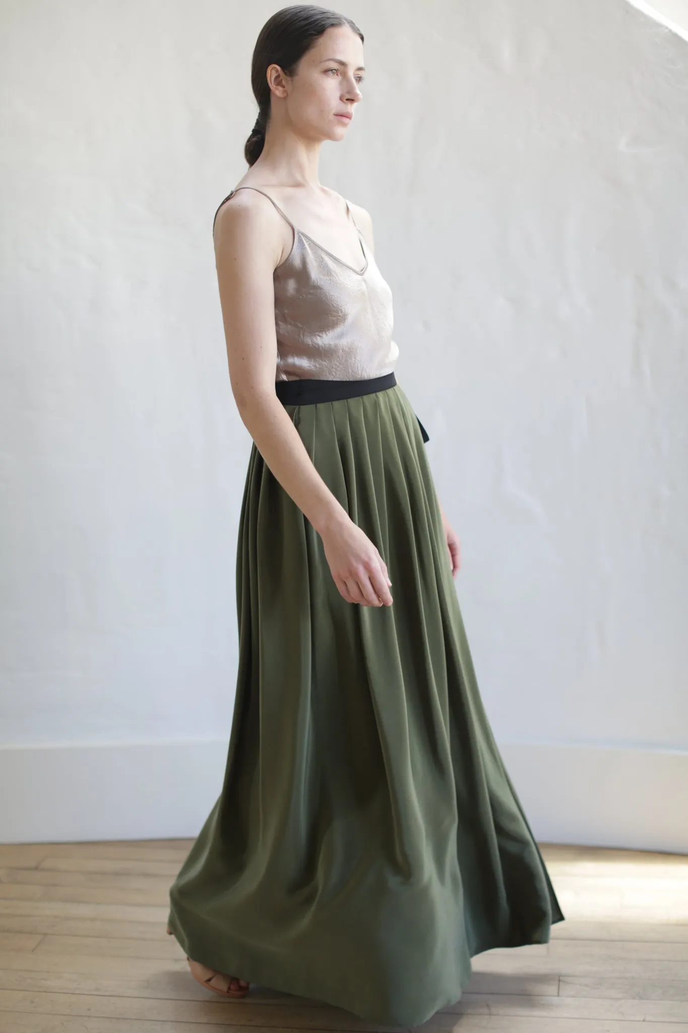 Silk Pleated Long Wrap Skirt | Olive