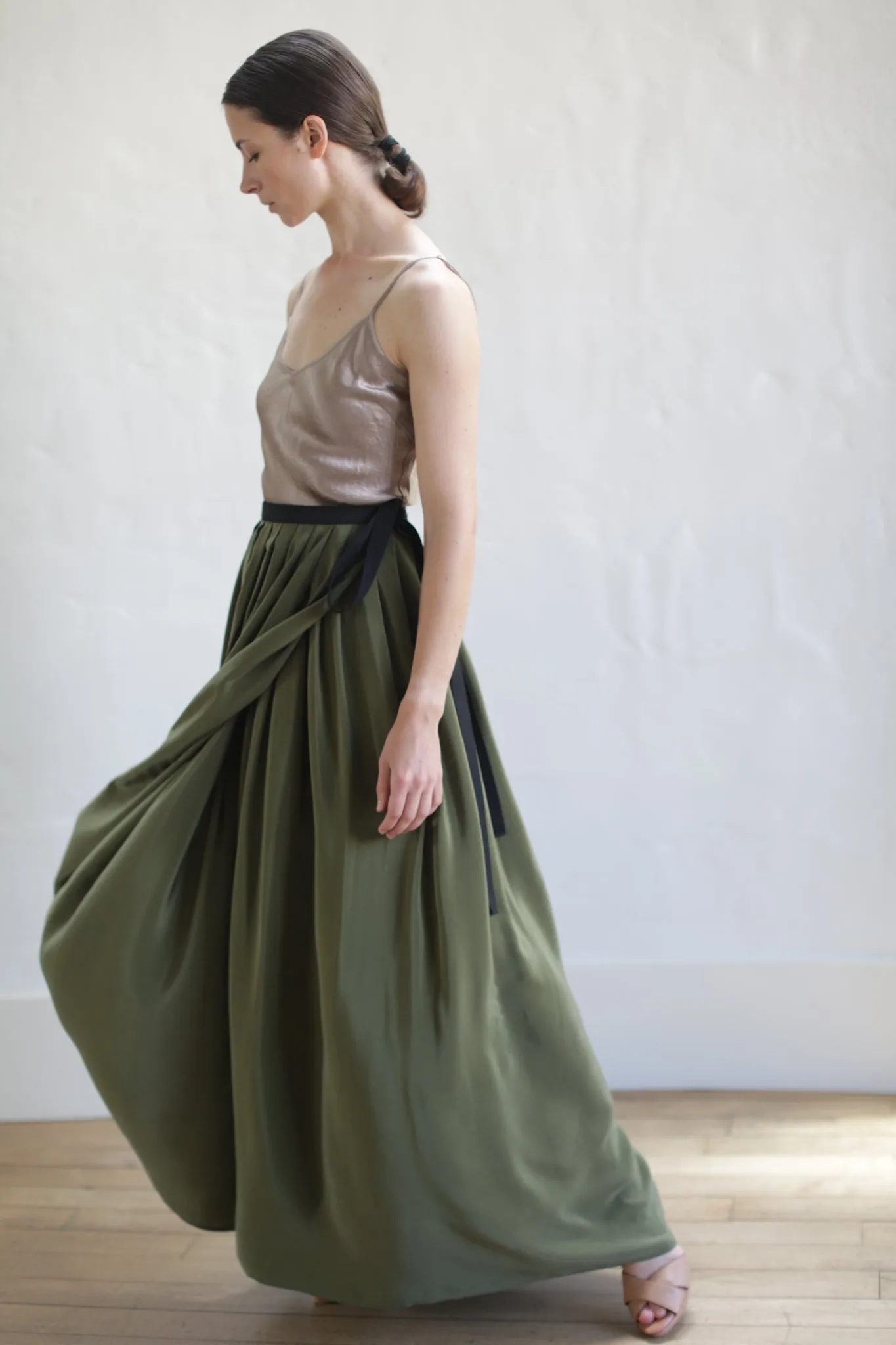 Silk Pleated Long Wrap Skirt | Olive