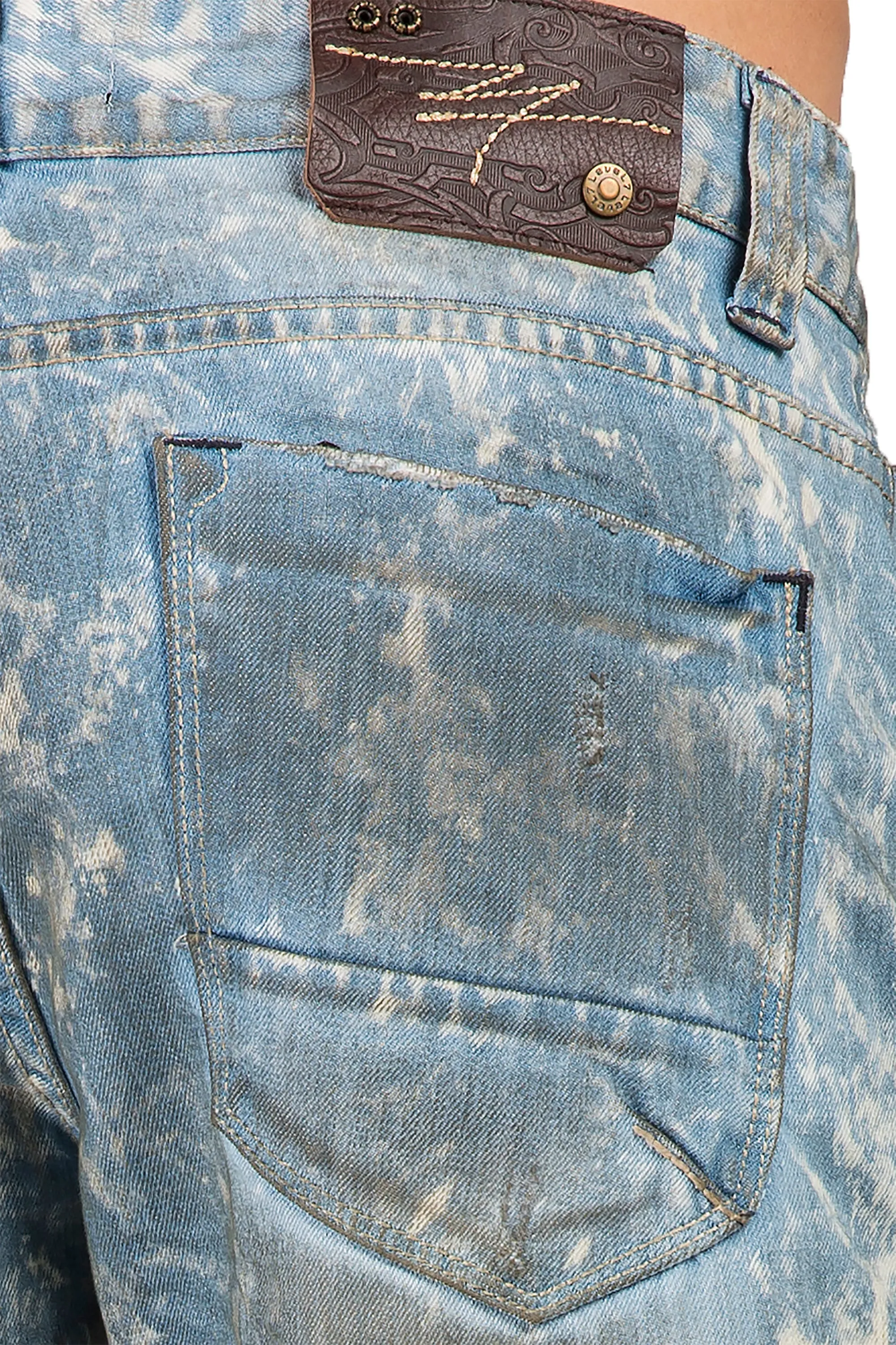 Slim Straight Distressed Bleached Blue Premium Denim Signature 5 Pocket Jeans Paint Splatter