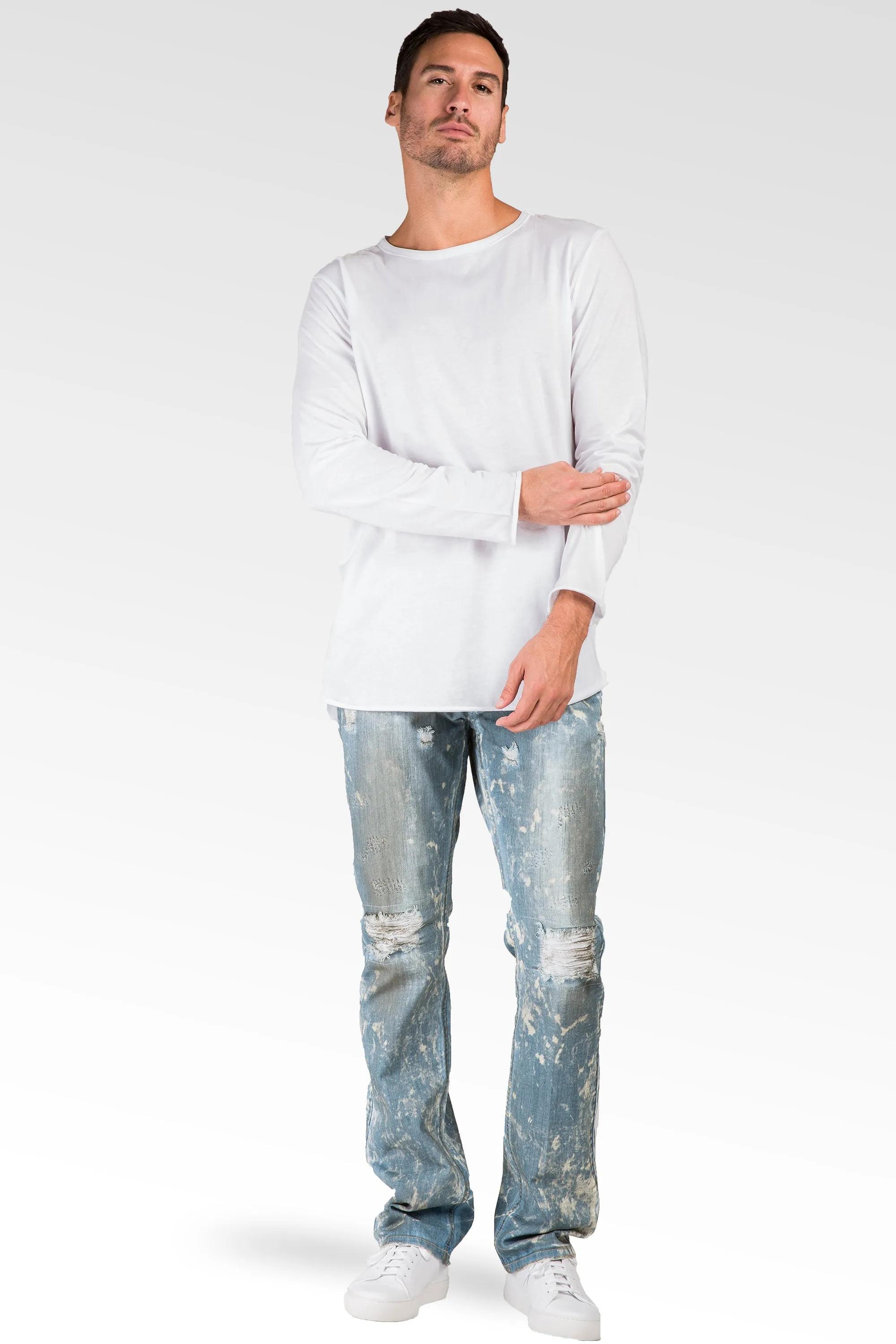 Slim Straight Distressed Bleached Blue Premium Denim Signature 5 Pocket Jeans Paint Splatter