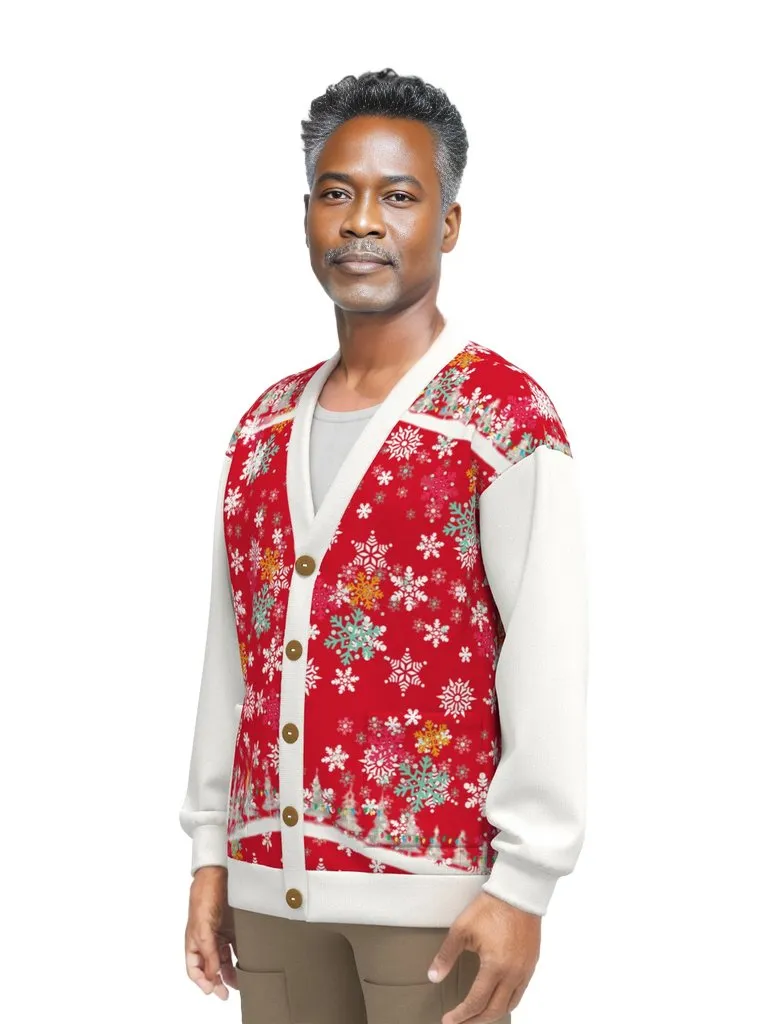 Snow Man's Delight Unisex V-neck Knitted Hacci Fleece Christmas Cardigan With Button Closure