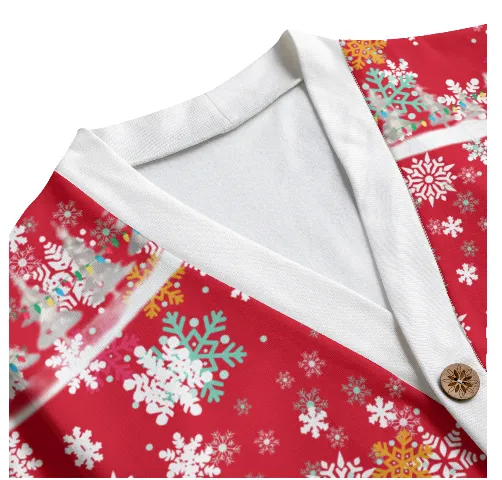 Snow Man's Delight Unisex V-neck Knitted Hacci Fleece Christmas Cardigan With Button Closure