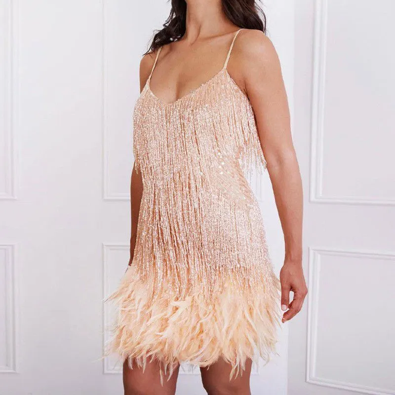 Spaghettie Strap Feather Fringe Short Dress