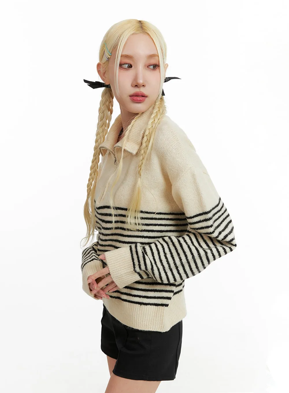 Striped Collar Knit Polo Top IF408