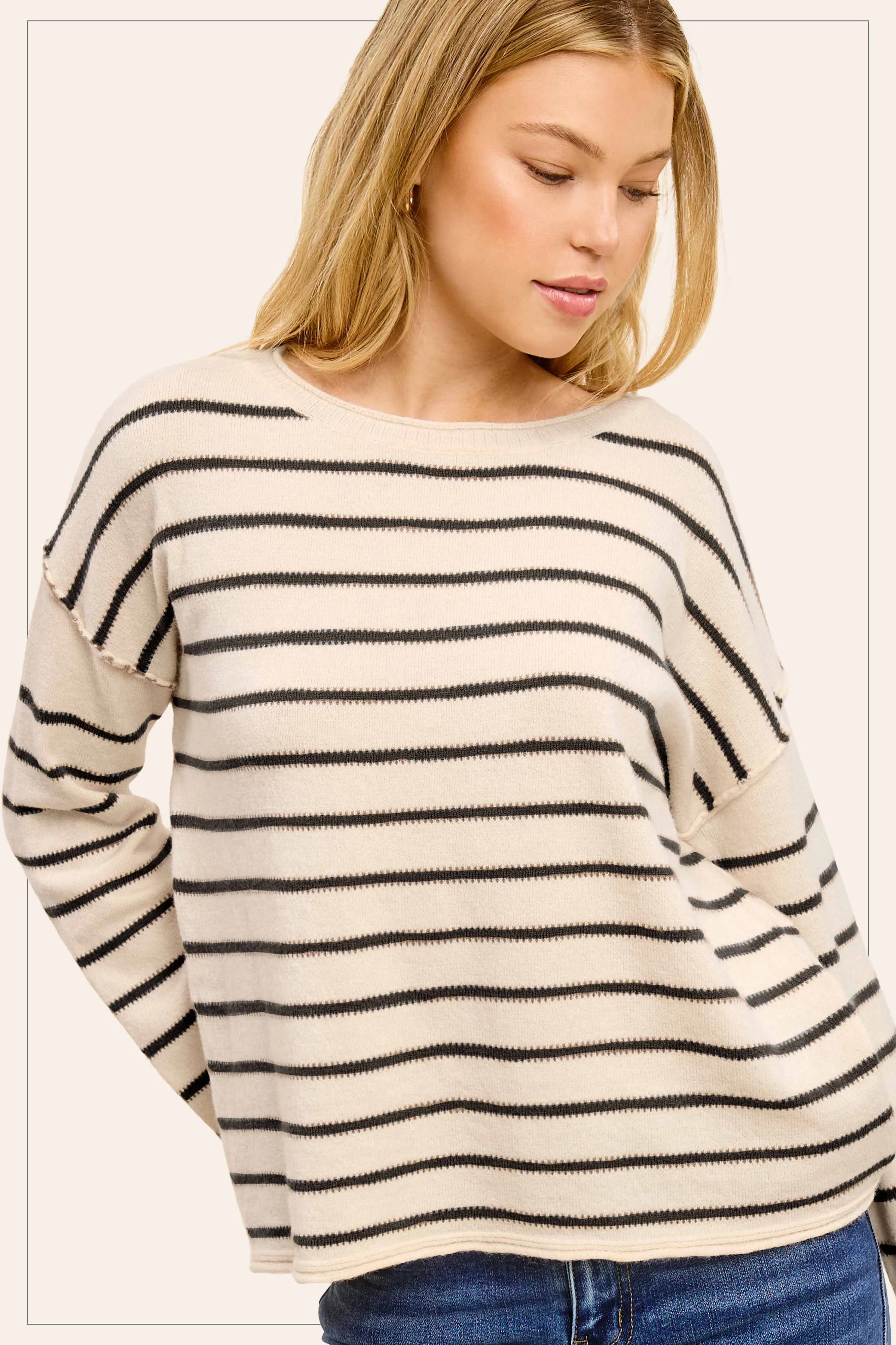 Striped Round Neck Loose Fit Long Sleeve Sweater