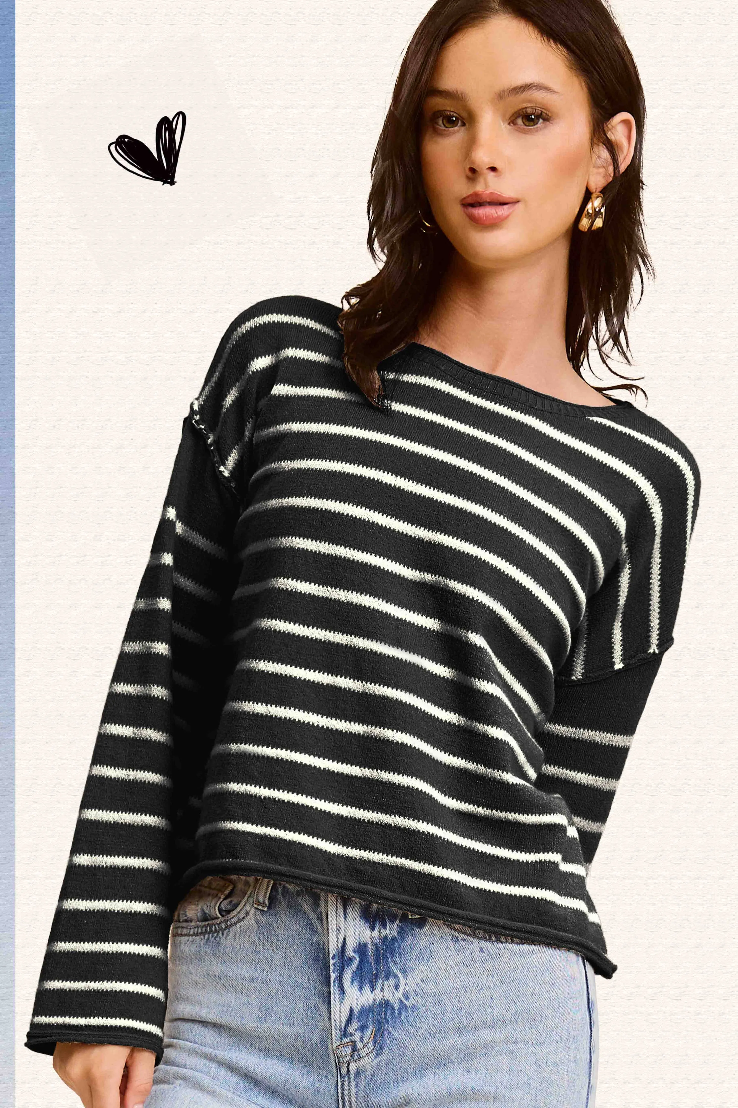 Striped Round Neck Loose Fit Long Sleeve Sweater