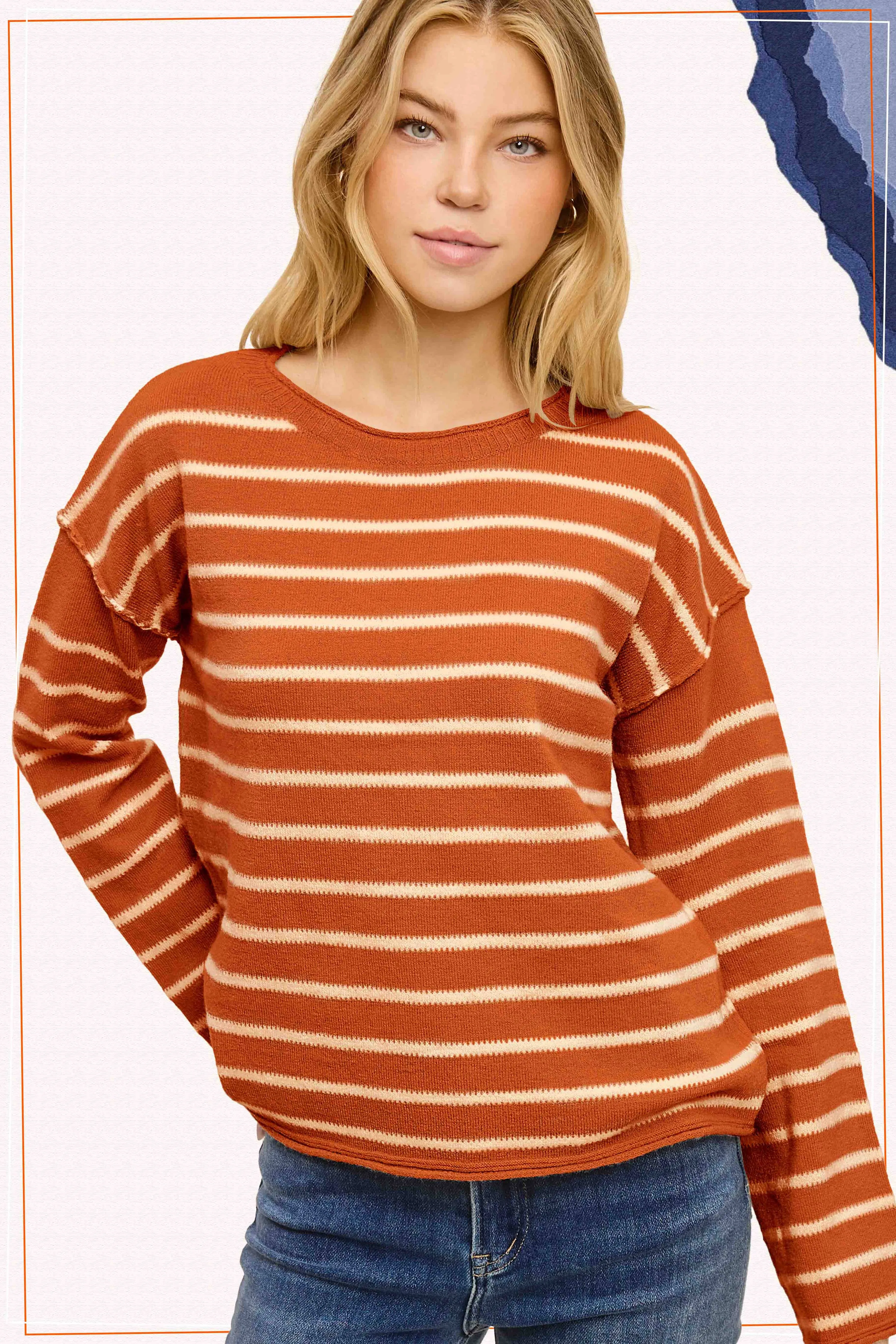 Striped Round Neck Loose Fit Long Sleeve Sweater