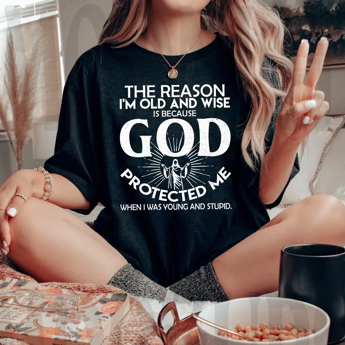 Teesdily | Jesus Christ Minimalist Style Casual Shirt God Protected Me Sweatshirt Hoodie Mug God Bible Verse Christian Streetwear Clothing