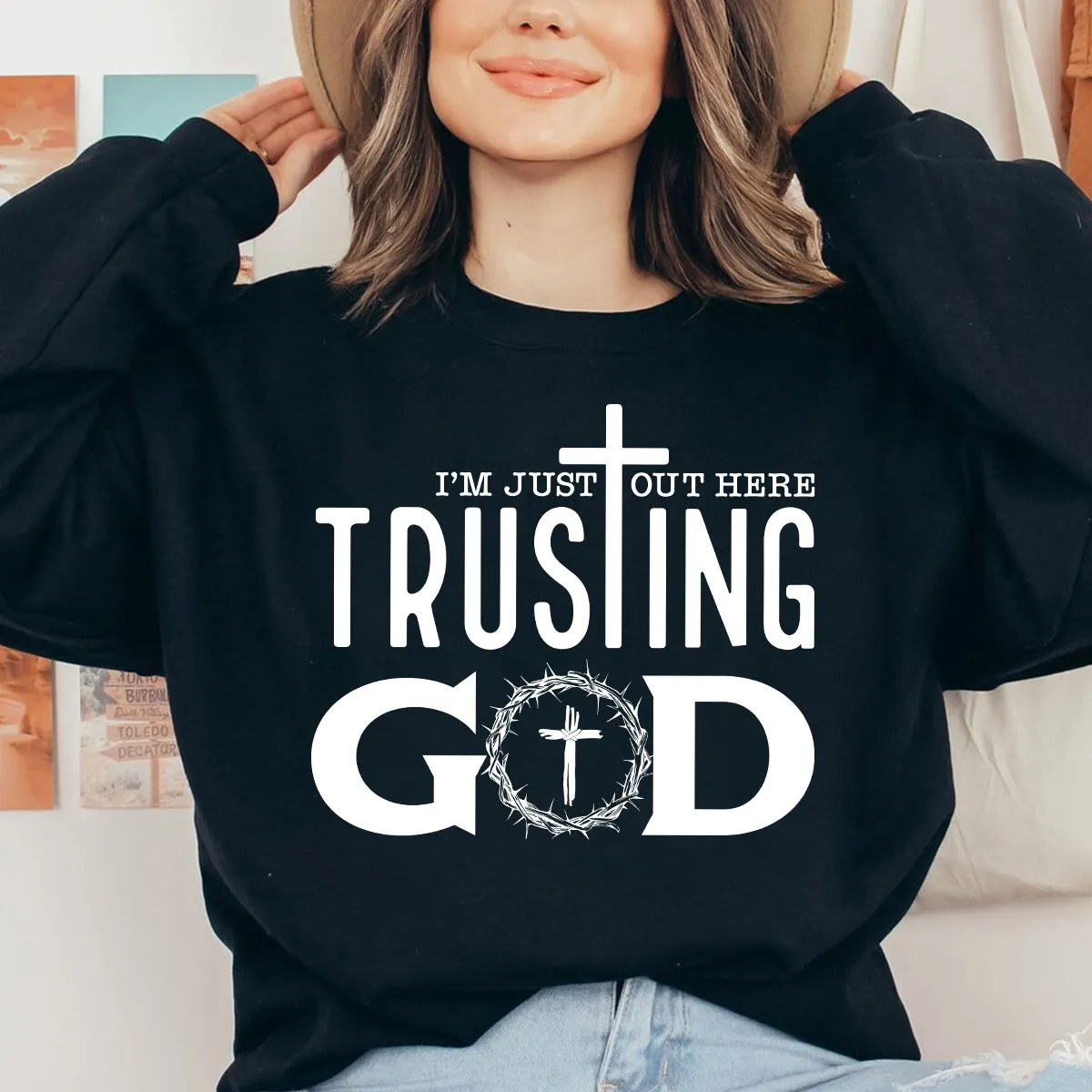 Teesdily | Jesus God Cross Crown Unisex Tshirt, I'm Just Out Here Trusting God Hoodie Sweatshirt Mug, God Believer Gift, Minimalist Streetwear Style