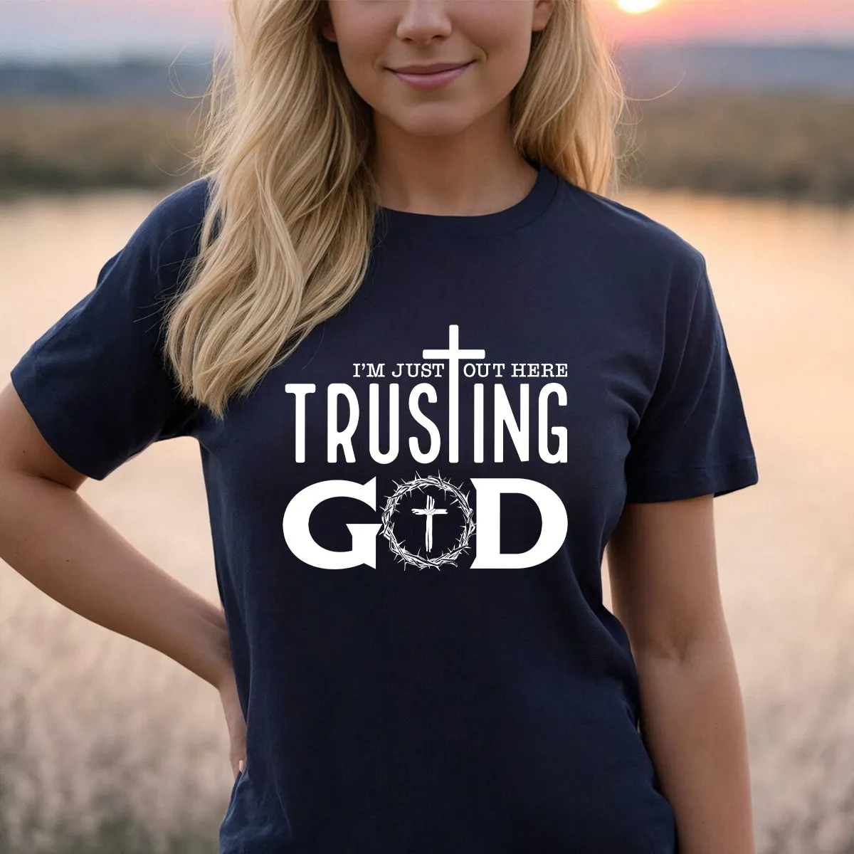 Teesdily | Jesus God Cross Crown Unisex Tshirt, I'm Just Out Here Trusting God Hoodie Sweatshirt Mug, God Believer Gift, Minimalist Streetwear Style