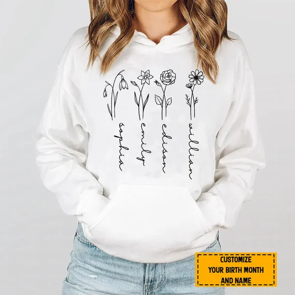 Teesdily | Mom Grandma Customized Flower Birth Month Shirt, Floral Minimalist Custom Hoodie Sweatshirt Mug, Personalized Gift For Mothers Day