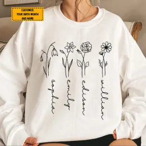 Teesdily | Mom Grandma Customized Flower Birth Month Shirt, Floral Minimalist Custom Hoodie Sweatshirt Mug, Personalized Gift For Mothers Day