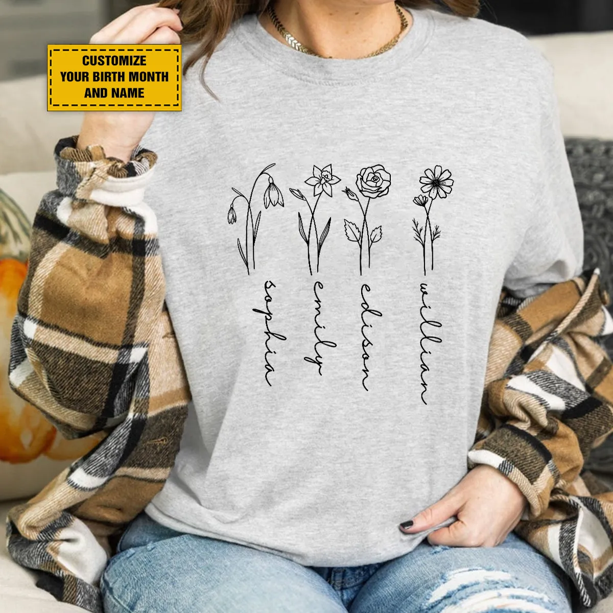 Teesdily | Mom Grandma Customized Flower Birth Month Shirt, Floral Minimalist Custom Hoodie Sweatshirt Mug, Personalized Gift For Mothers Day