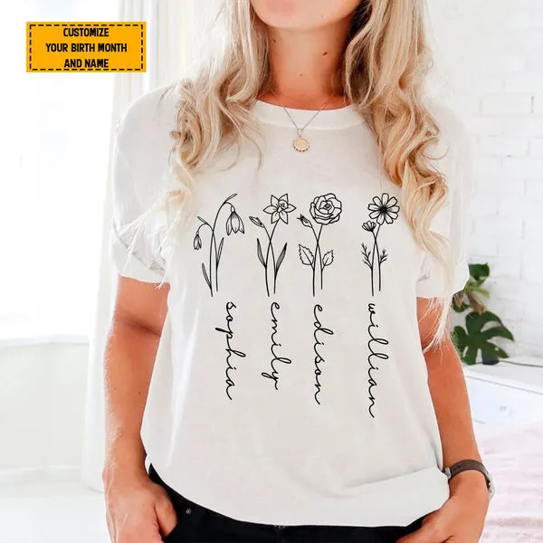 Teesdily | Mom Grandma Customized Flower Birth Month Shirt, Floral Minimalist Custom Hoodie Sweatshirt Mug, Personalized Gift For Mothers Day