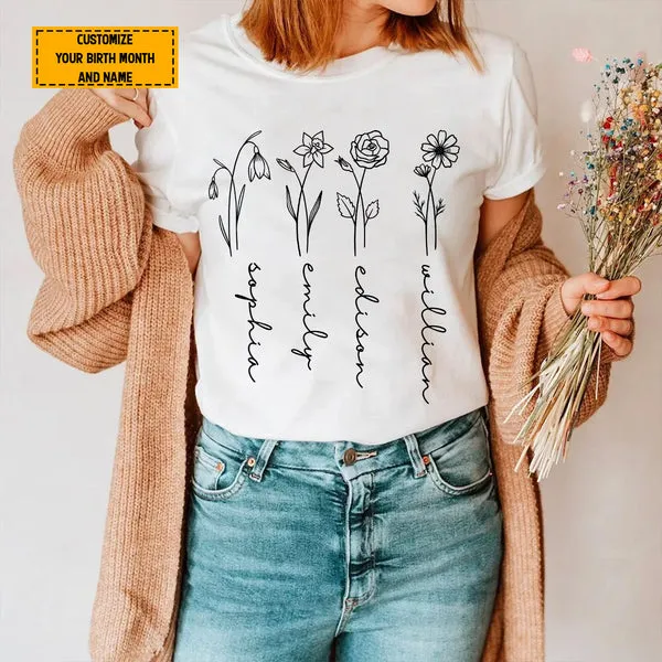 Teesdily | Mom Grandma Customized Flower Birth Month Shirt, Floral Minimalist Custom Hoodie Sweatshirt Mug, Personalized Gift For Mothers Day