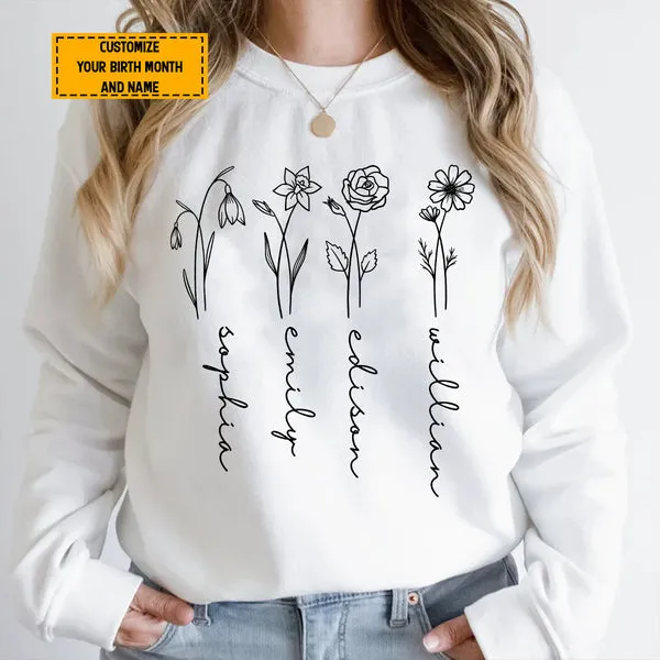 Teesdily | Mom Grandma Customized Flower Birth Month Shirt, Floral Minimalist Custom Hoodie Sweatshirt Mug, Personalized Gift For Mothers Day