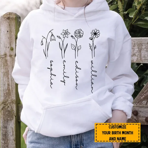 Teesdily | Mom Grandma Customized Flower Birth Month Shirt, Floral Minimalist Custom Hoodie Sweatshirt Mug, Personalized Gift For Mothers Day