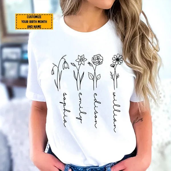 Teesdily | Mom Grandma Customized Flower Birth Month Shirt, Floral Minimalist Custom Hoodie Sweatshirt Mug, Personalized Gift For Mothers Day