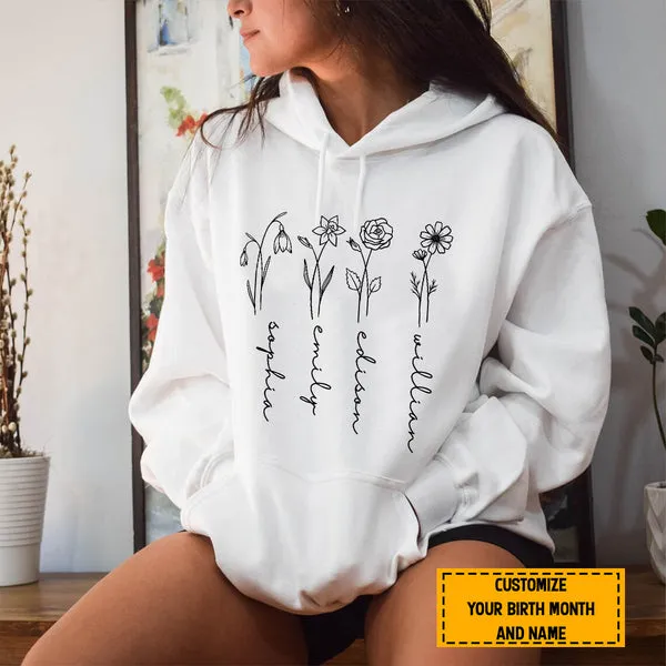 Teesdily | Mom Grandma Customized Flower Birth Month Shirt, Floral Minimalist Custom Hoodie Sweatshirt Mug, Personalized Gift For Mothers Day