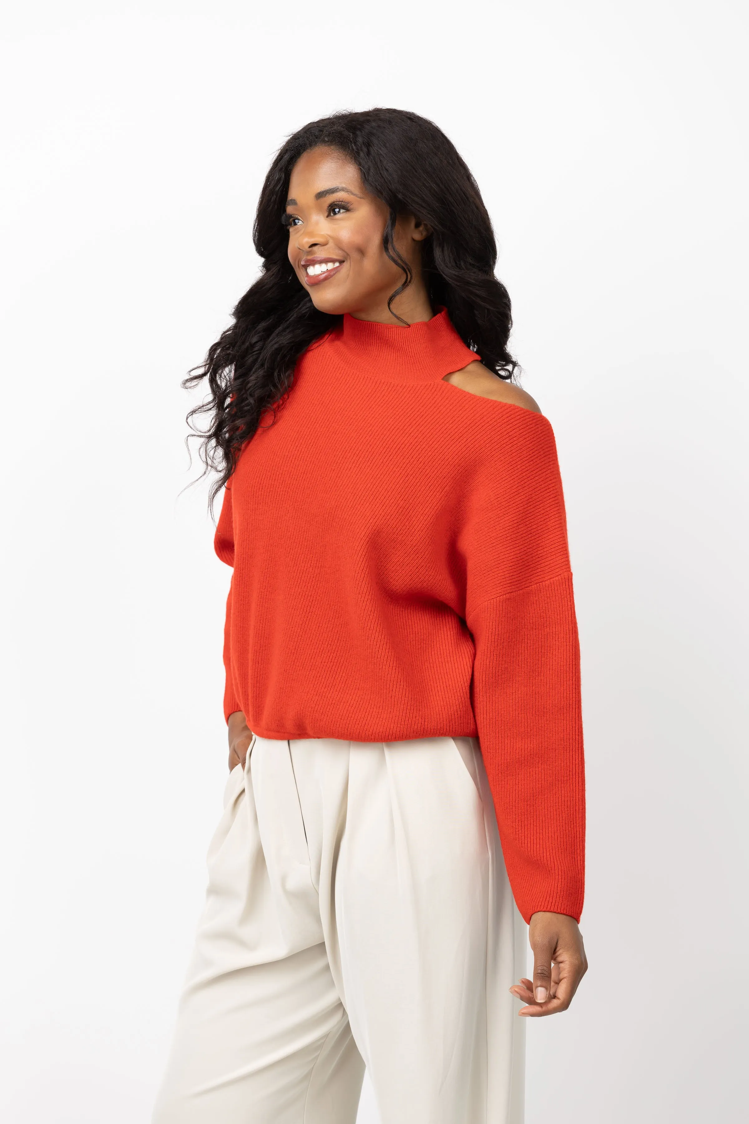 The Sei Open Shoulder Sweater in Crimson