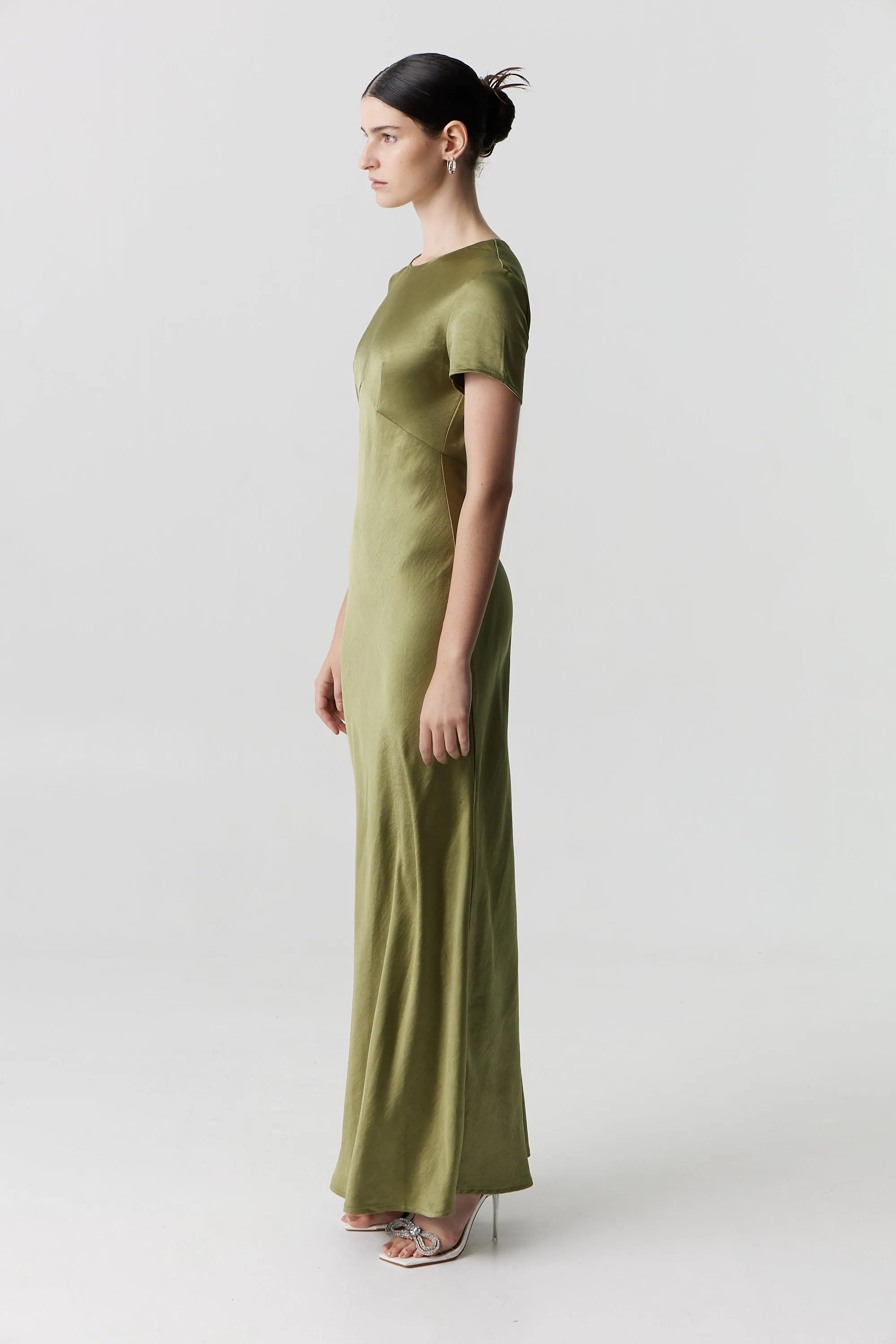 Third Form Satin Bias Maxi Tee Dress - Olive