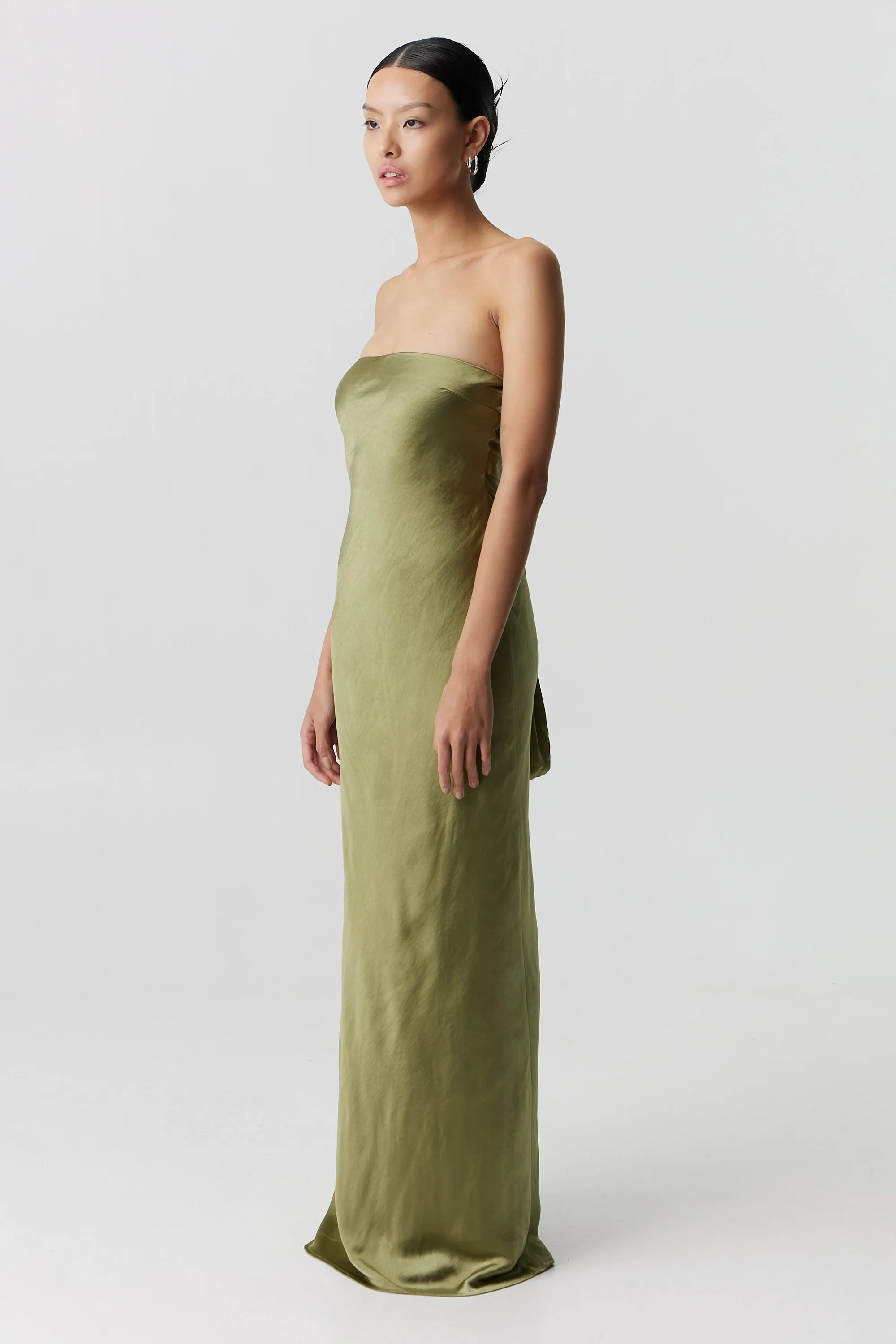 Third Form Satin Tie Back Strapless Maxi Dress - Olive