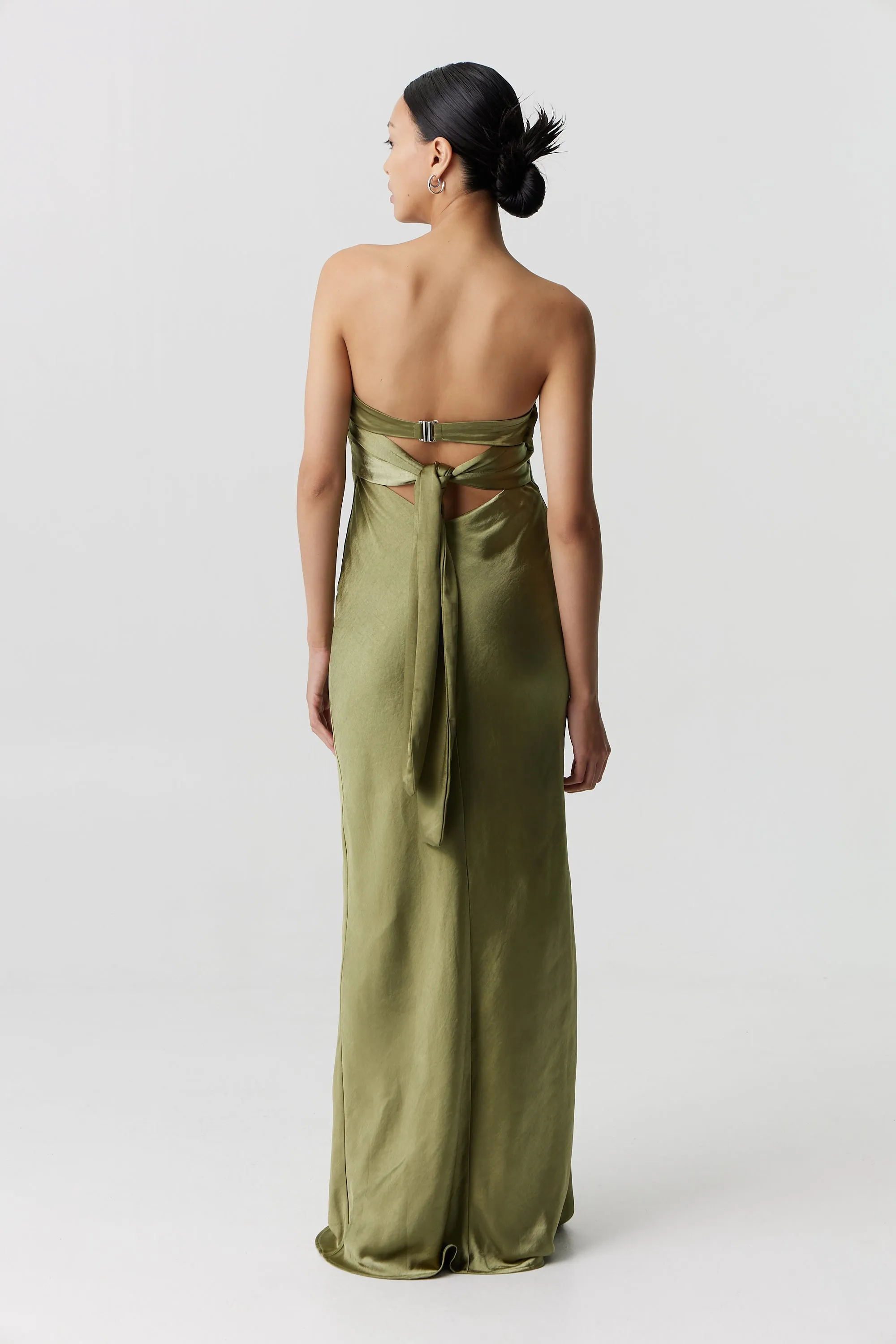 Third Form Satin Tie Back Strapless Maxi Dress - Olive