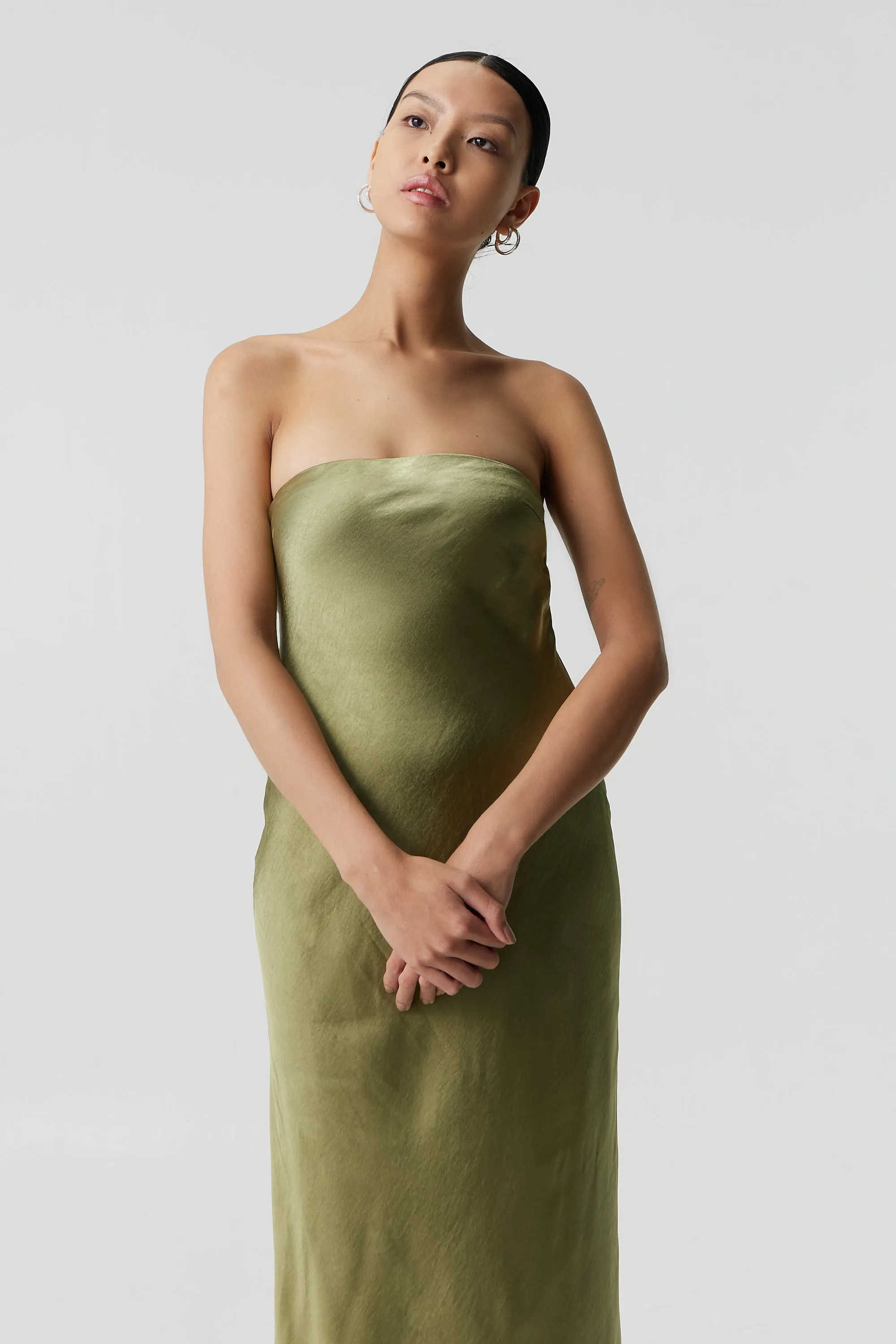 Third Form Satin Tie Back Strapless Maxi Dress - Olive