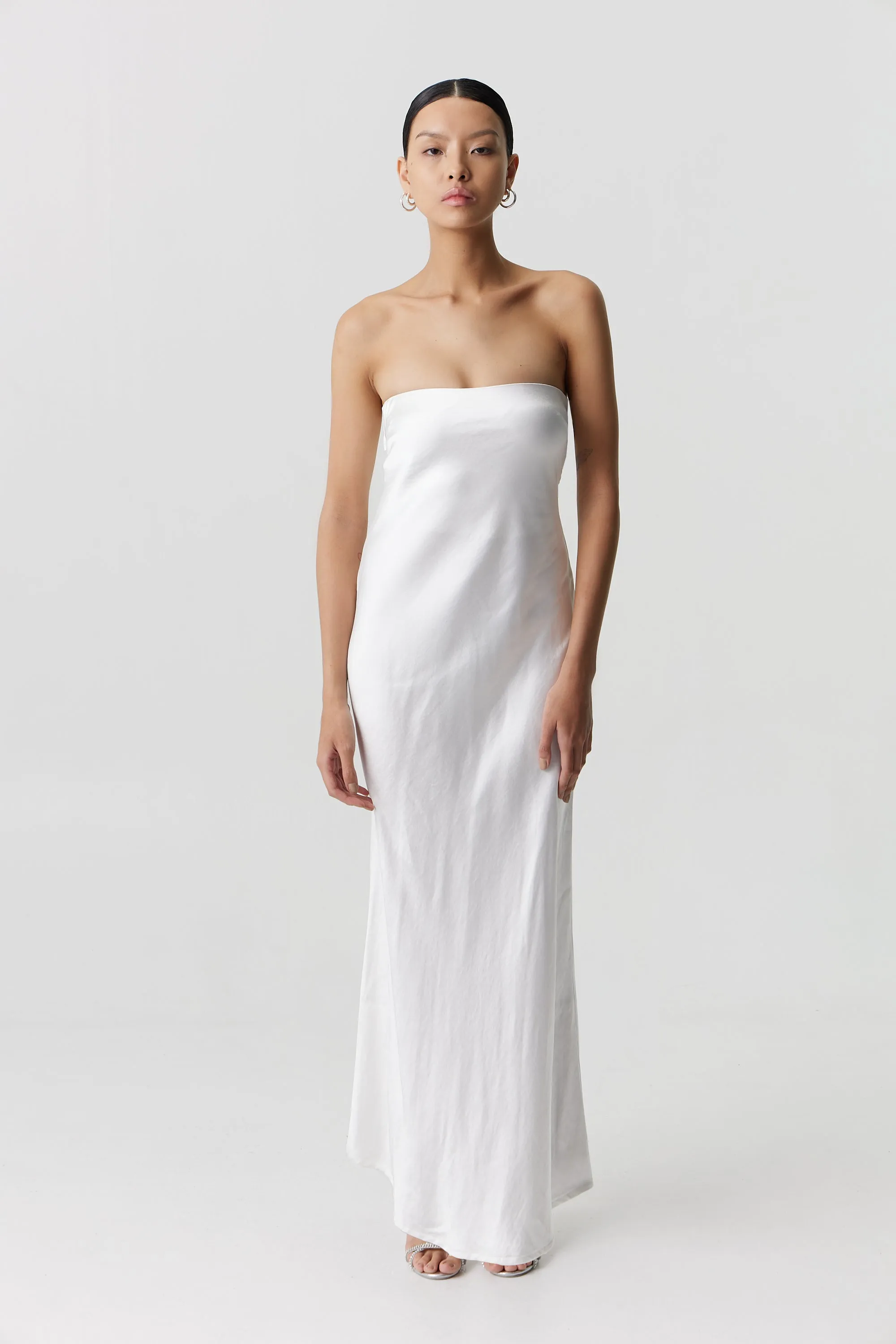 Third Form Satin Tie Back Strapless Maxi Dress - Powder White