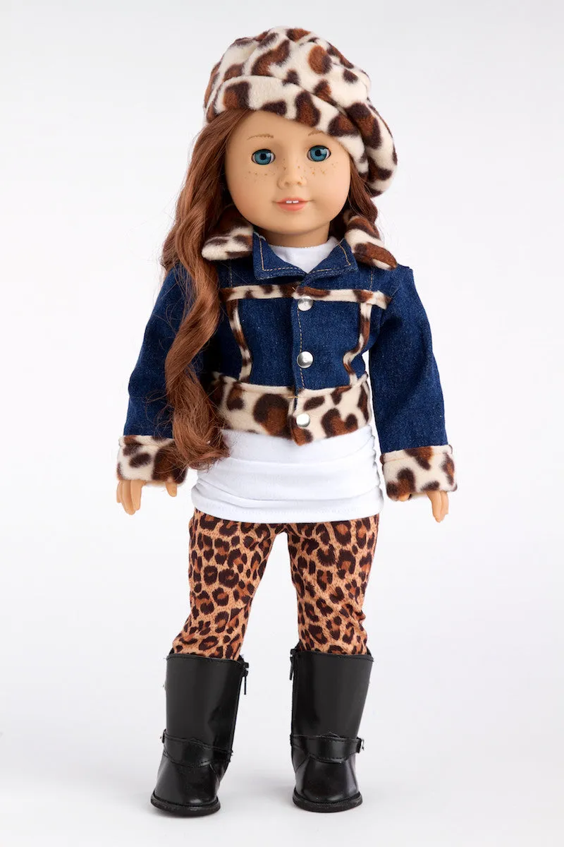 Trendy Jewel - Clothes for 18 inch Doll - 5 Piece Outfit - Jeans Jacket, White Tunic, Leggings, Beret and Black Boots