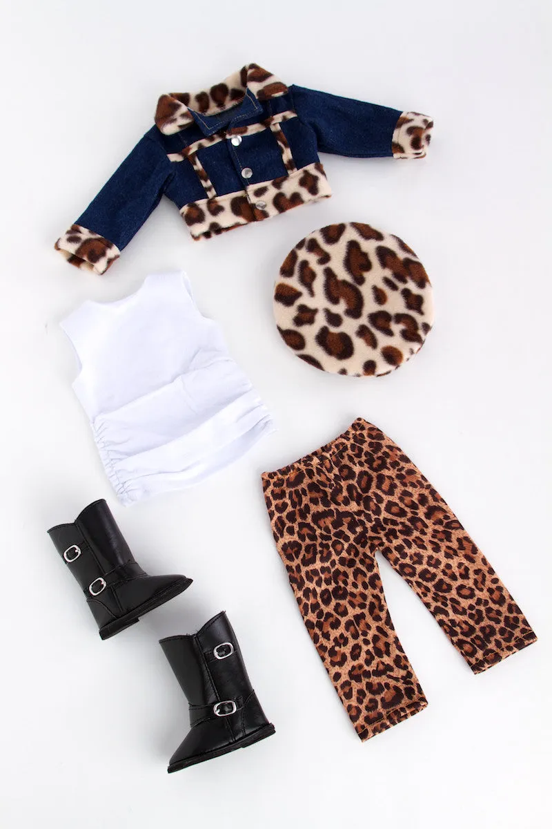 Trendy Jewel - Clothes for 18 inch Doll - 5 Piece Outfit - Jeans Jacket, White Tunic, Leggings, Beret and Black Boots