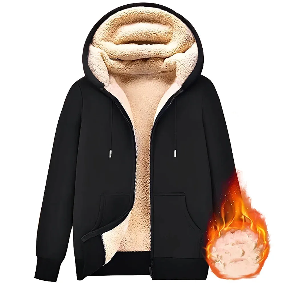 Trendy Sweatshirt Coat Front Pockets Warm Zipper Lamb Wool Jacket  Men and Woman Winter Pure Color Plush Lined Cardigan Hoodie