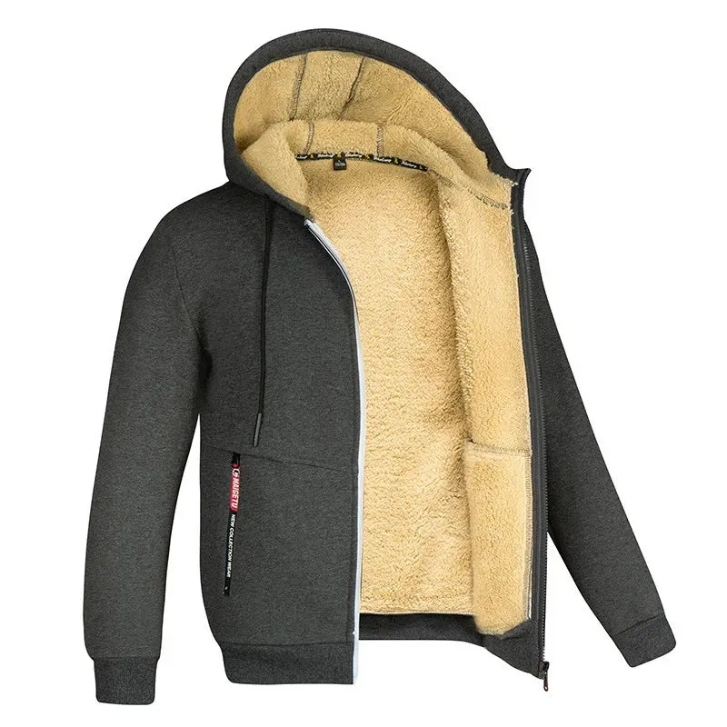 Trendy Sweatshirt Coat Front Pockets Warm Zipper Lamb Wool Jacket  Men and Woman Winter Pure Color Plush Lined Cardigan Hoodie