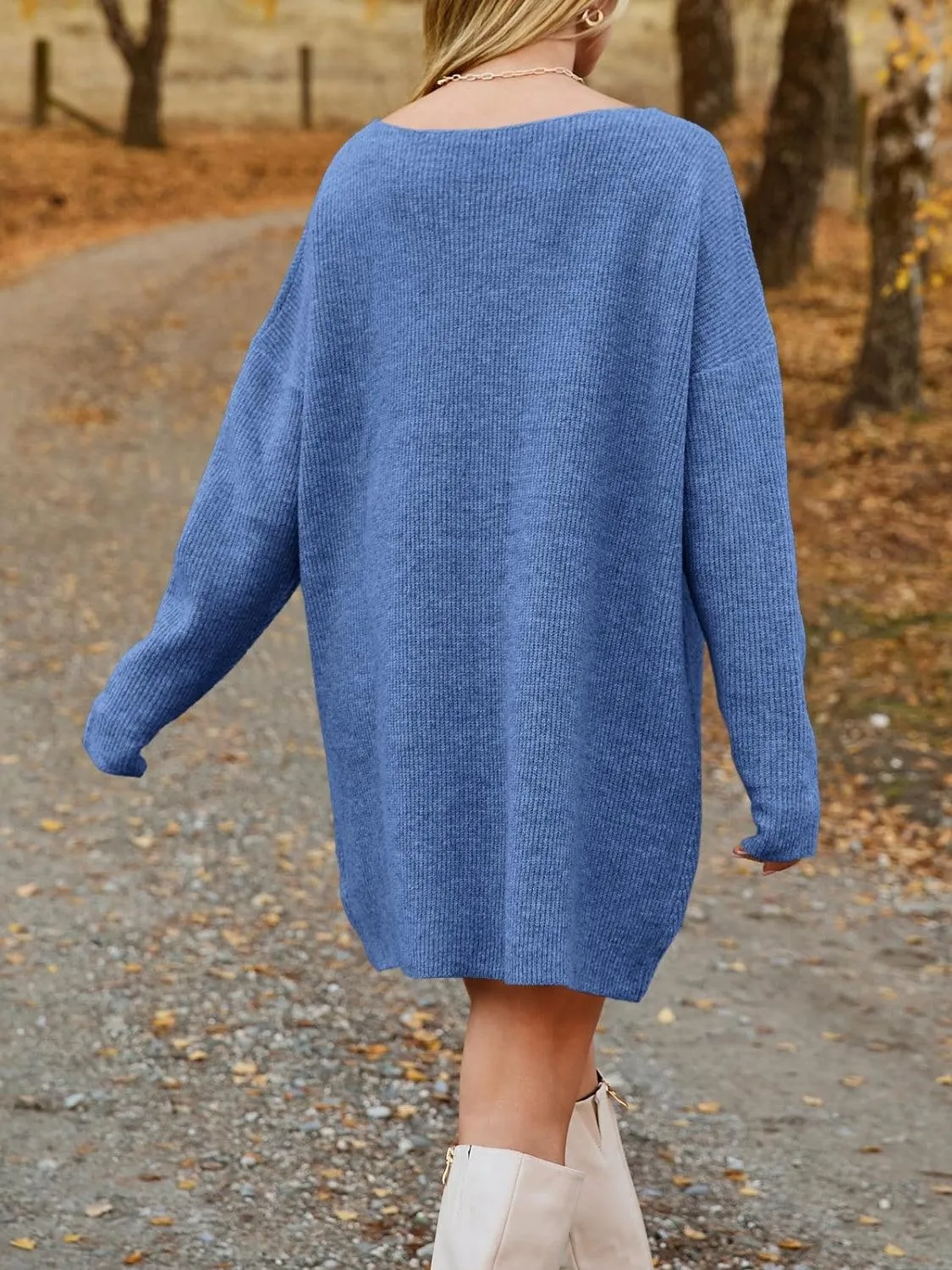 V-Neck Sweater Knit Dress Oversized Dropped Shoulder Sweater Dress