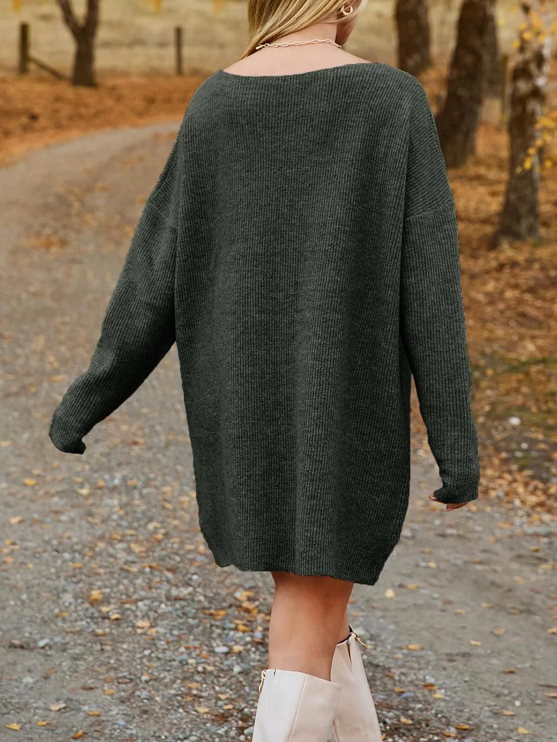 V-Neck Sweater Knit Dress Oversized Dropped Shoulder Sweater Dress