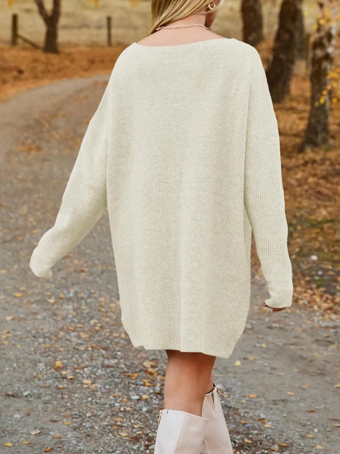 V-Neck Sweater Knit Dress Oversized Dropped Shoulder Sweater Dress