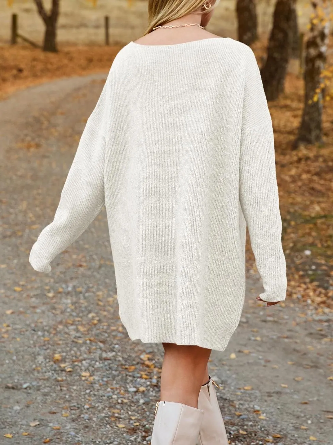 V-Neck Sweater Knit Dress Oversized Dropped Shoulder Sweater Dress