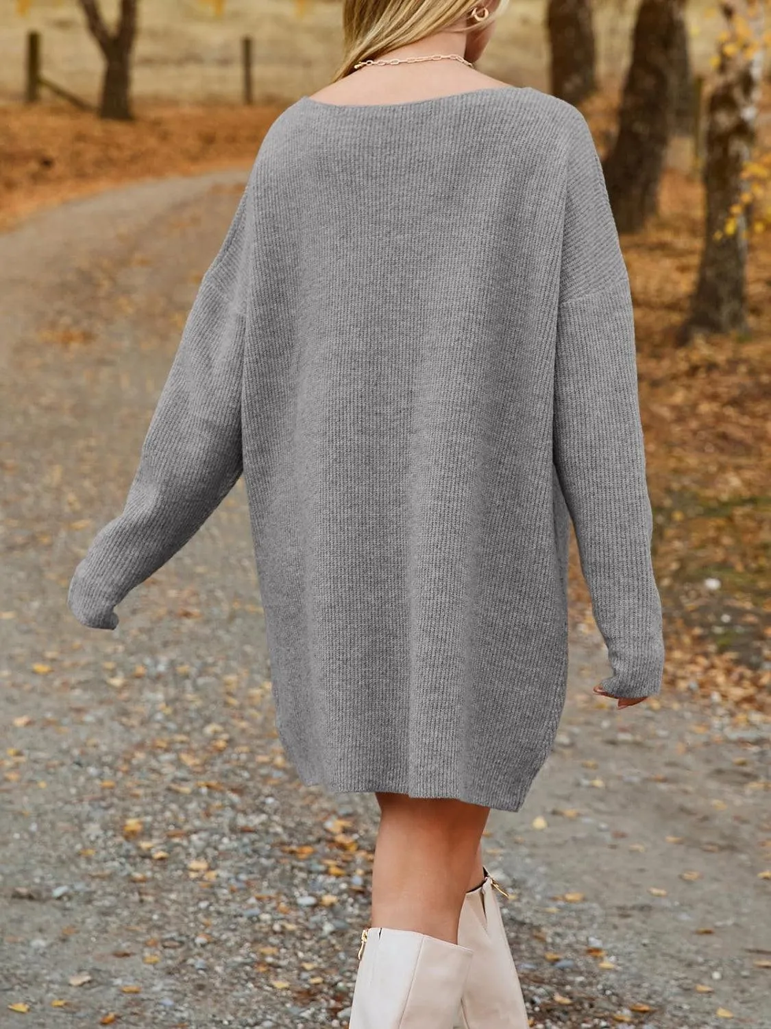 V-Neck Sweater Knit Dress Oversized Dropped Shoulder Sweater Dress